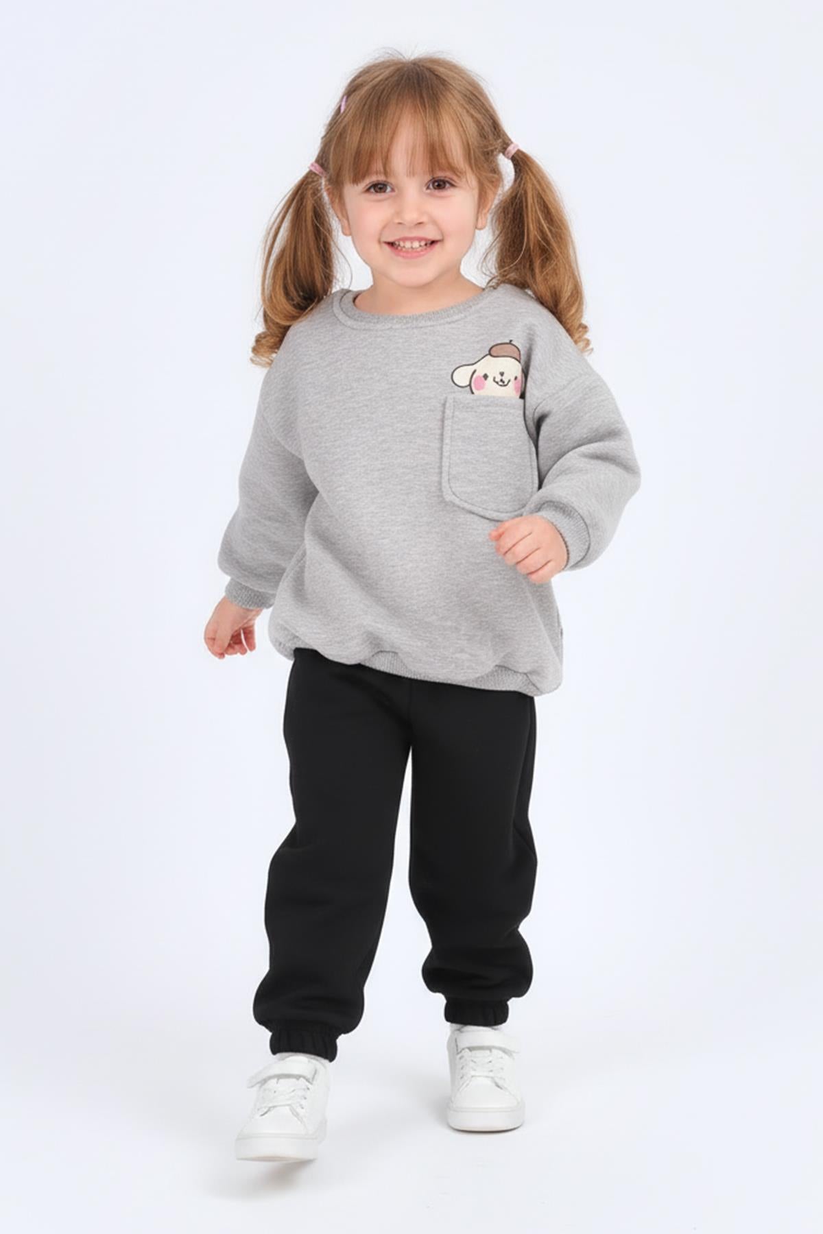 Kız Çocuk Bisiklet Yaka Baskı Detaylı Sweatshirt ve İçi Polarlı Jogger Alt Takım