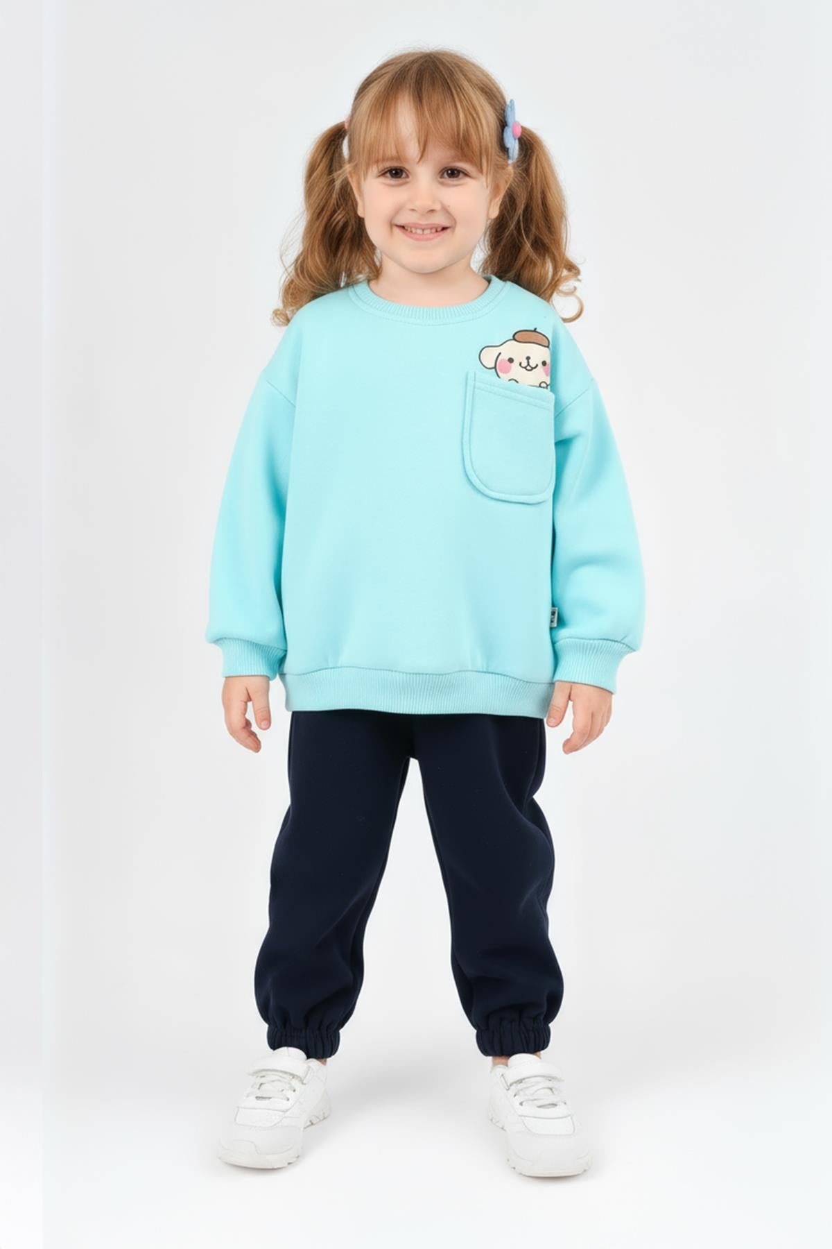 Kız Çocuk Bisiklet Yaka Baskı Detaylı Sweatshirt ve İçi Polarlı Jogger Alt Takım