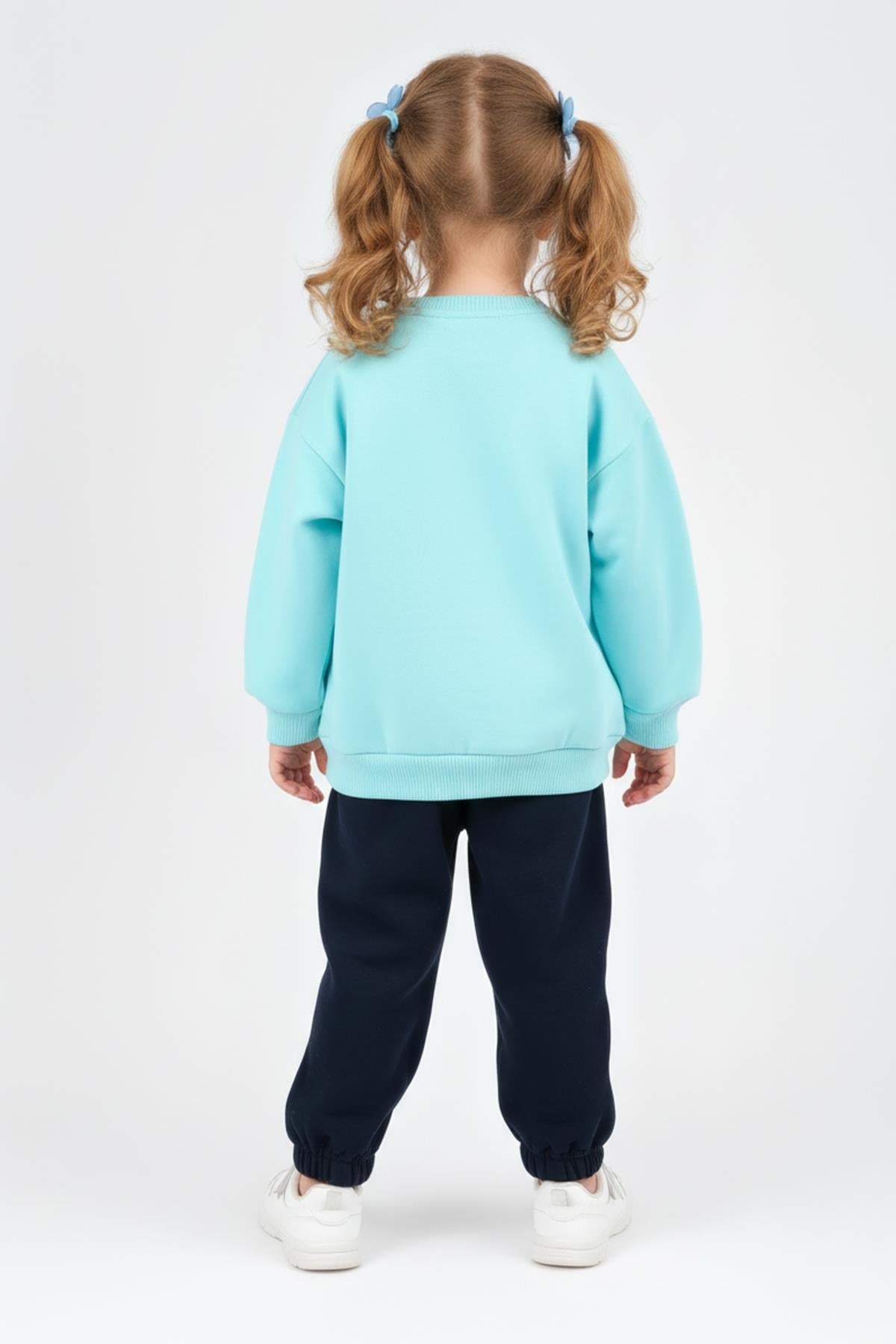 Kız Çocuk Bisiklet Yaka Baskı Detaylı Sweatshirt ve İçi Polarlı Jogger Alt Takım