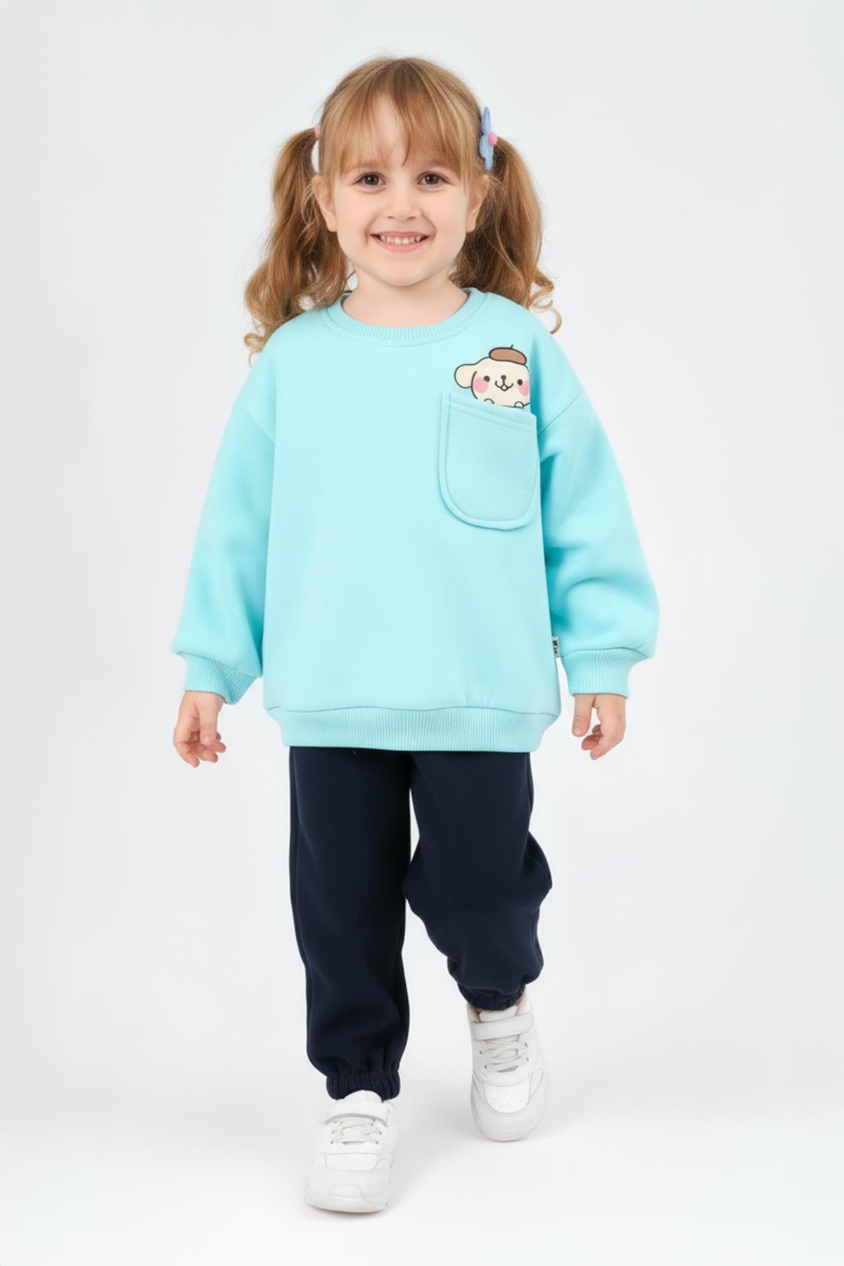Kız Çocuk Bisiklet Yaka Baskı Detaylı Sweatshirt ve İçi Polarlı Jogger Alt Takım