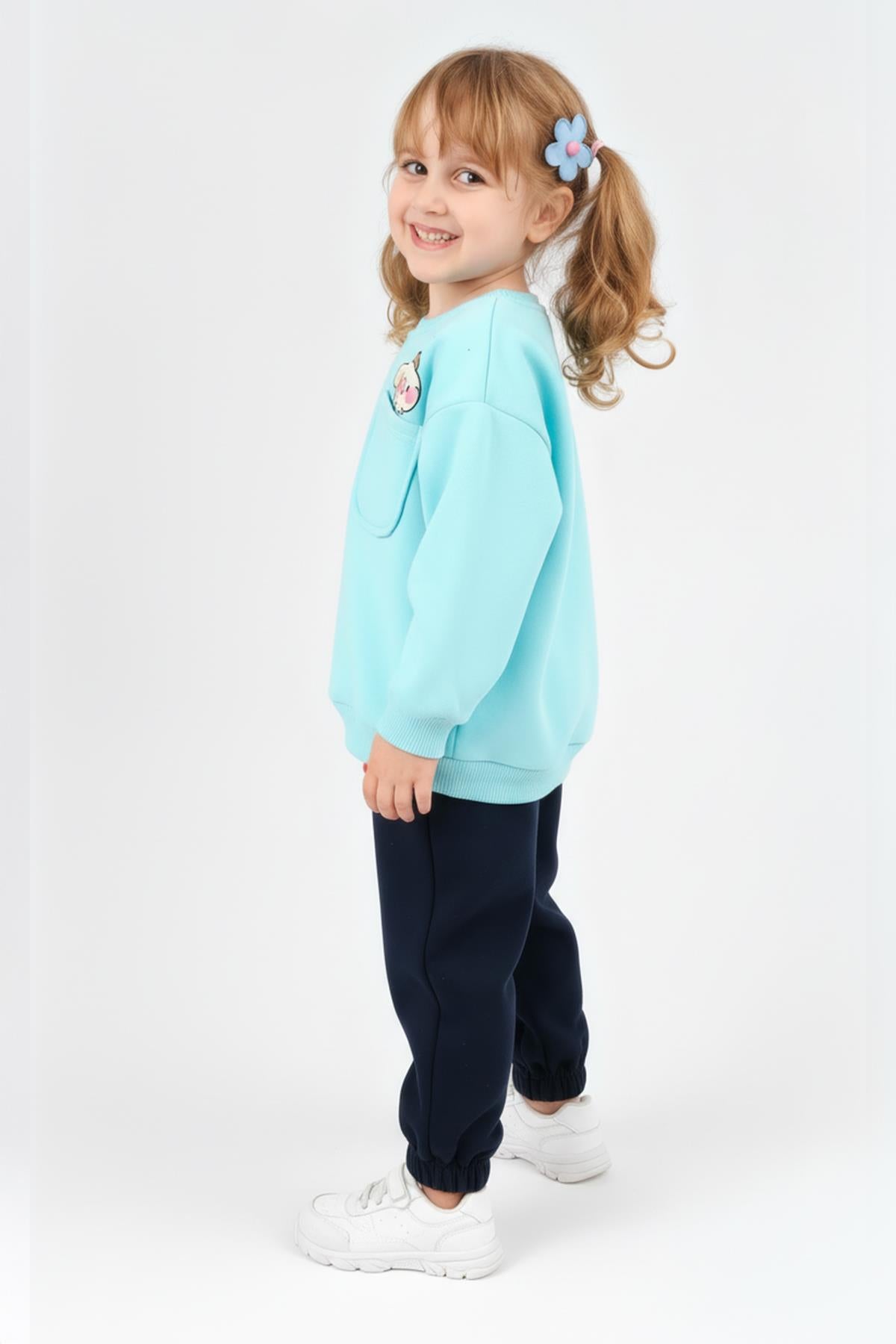 Kız Çocuk Bisiklet Yaka Baskı Detaylı Sweatshirt ve İçi Polarlı Jogger Alt Takım