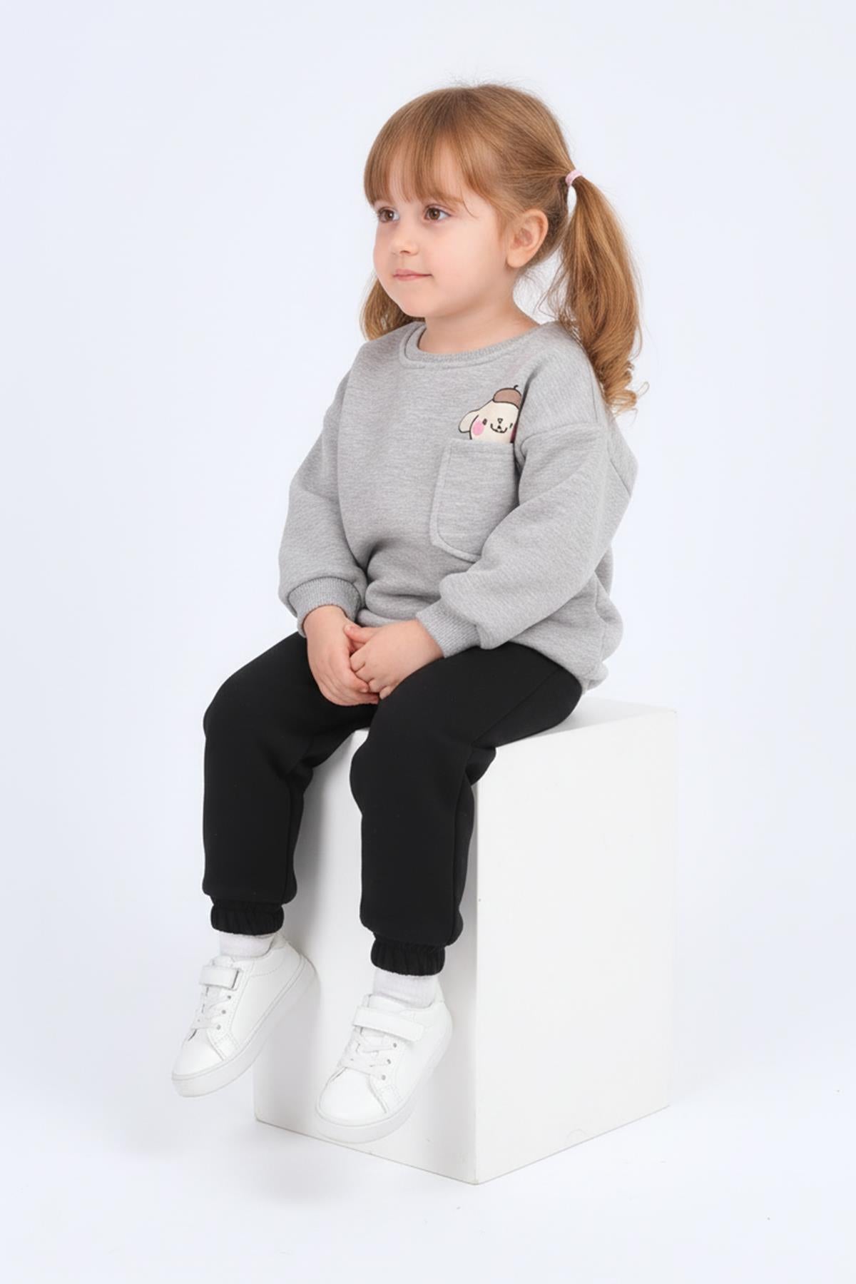 Kız Çocuk Bisiklet Yaka Baskı Detaylı Sweatshirt ve İçi Polarlı Jogger Alt Takım – Gri