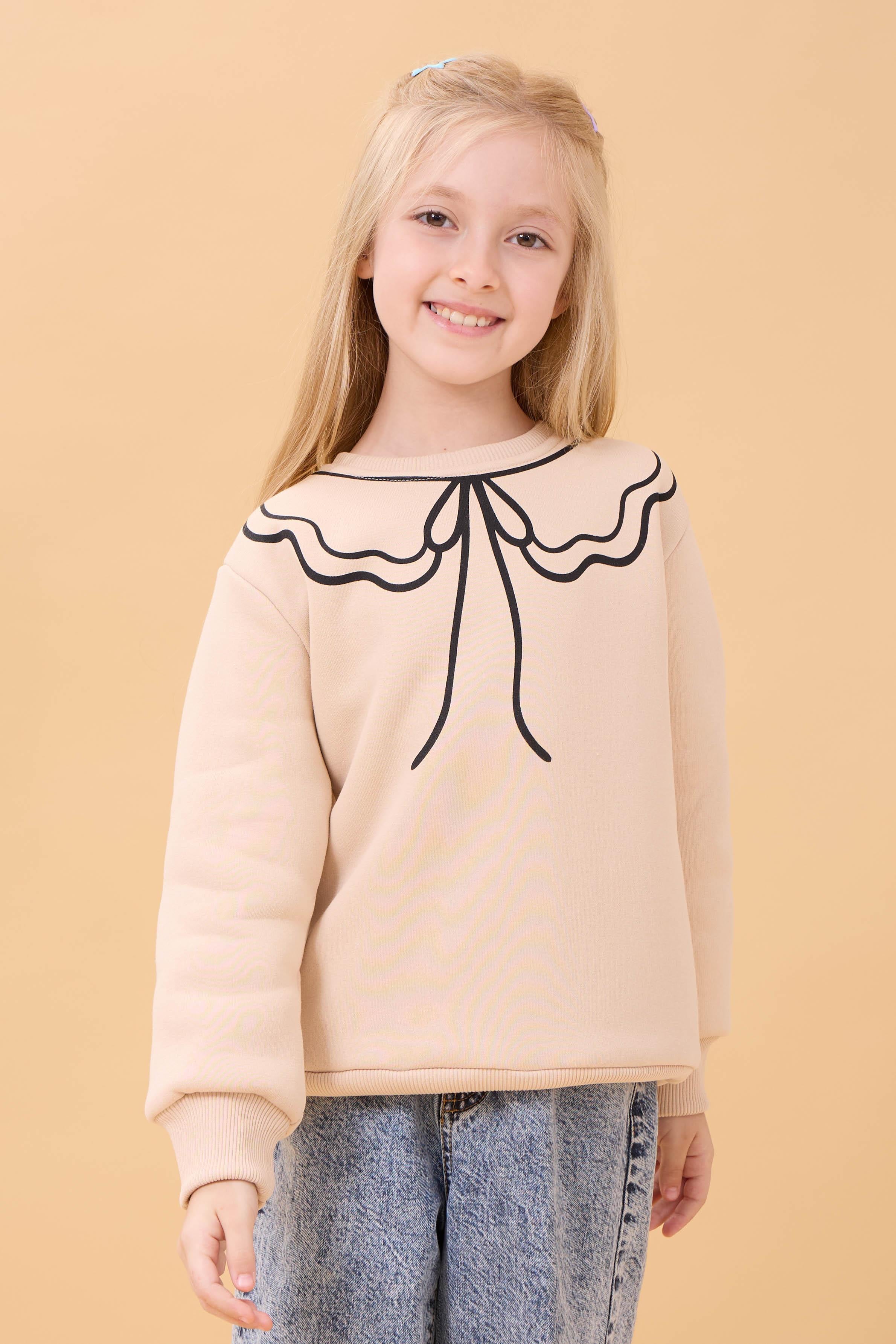 Kız Çocuk Bisiklet Yaka Baskılı Şardonlu Kışlık Sweatshirt