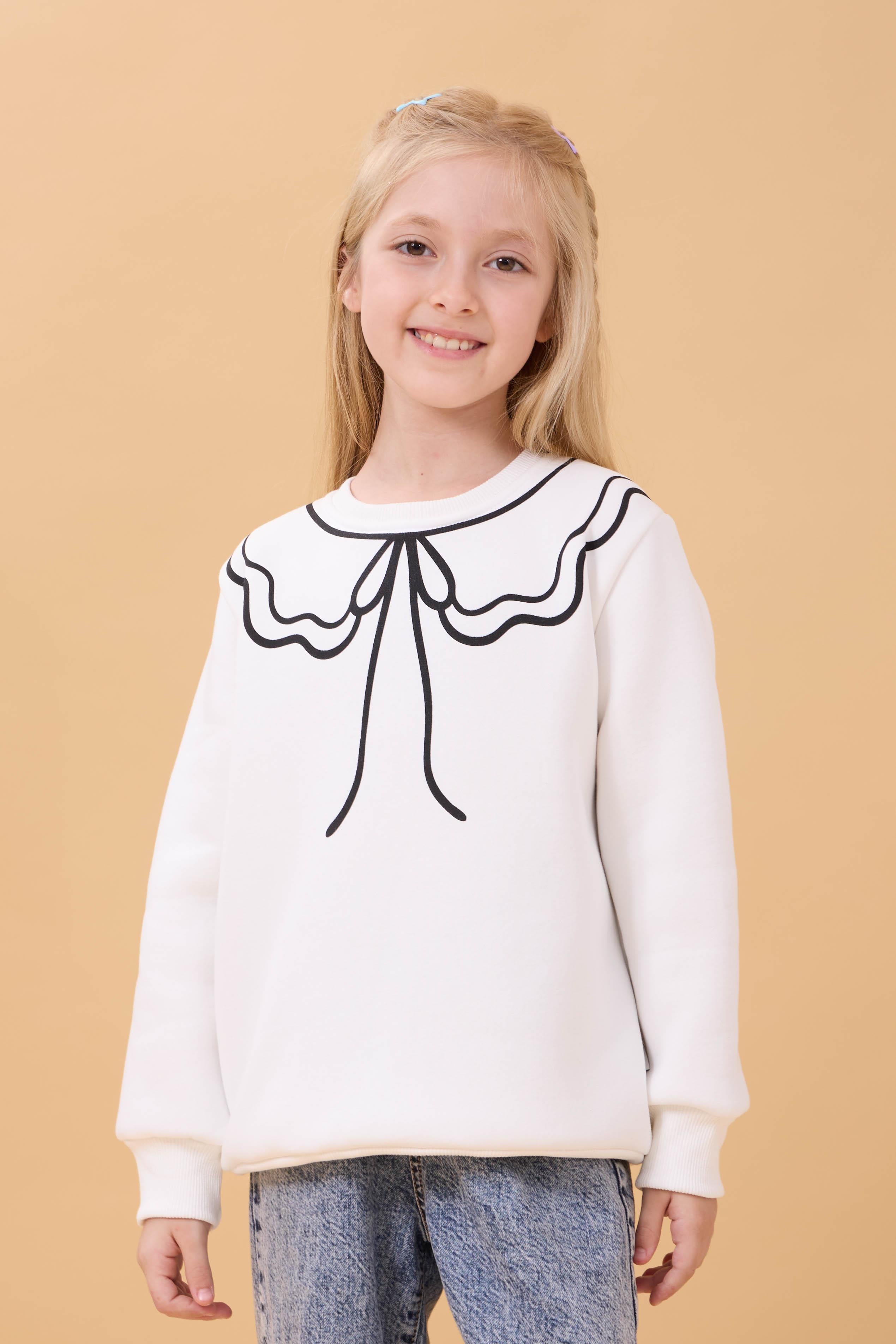 Kız Çocuk Bisiklet Yaka Baskılı Şardonlu Kışlık Sweatshirt