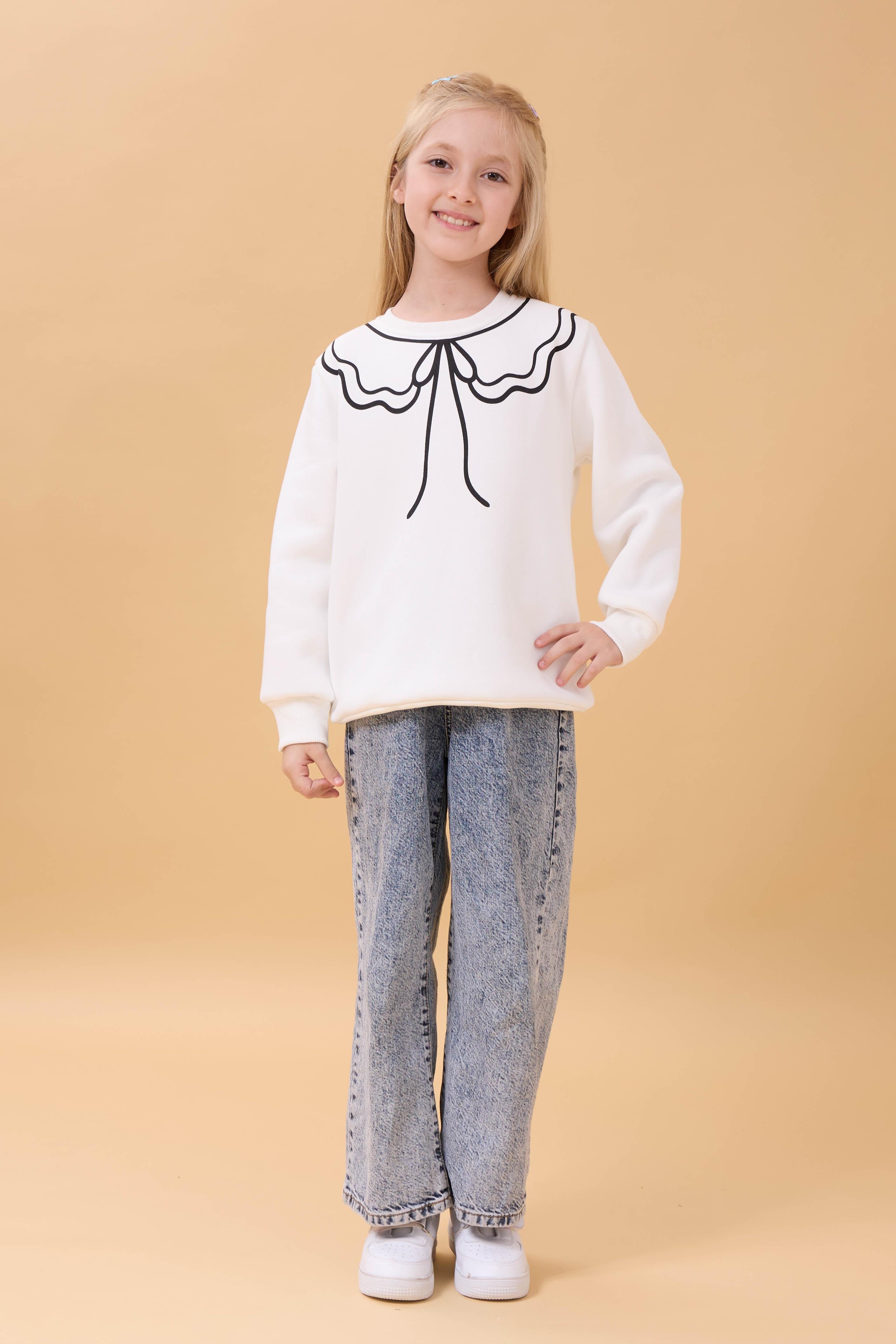 Kız Çocuk Bisiklet Yaka Baskılı Şardonlu Kışlık Sweatshirt