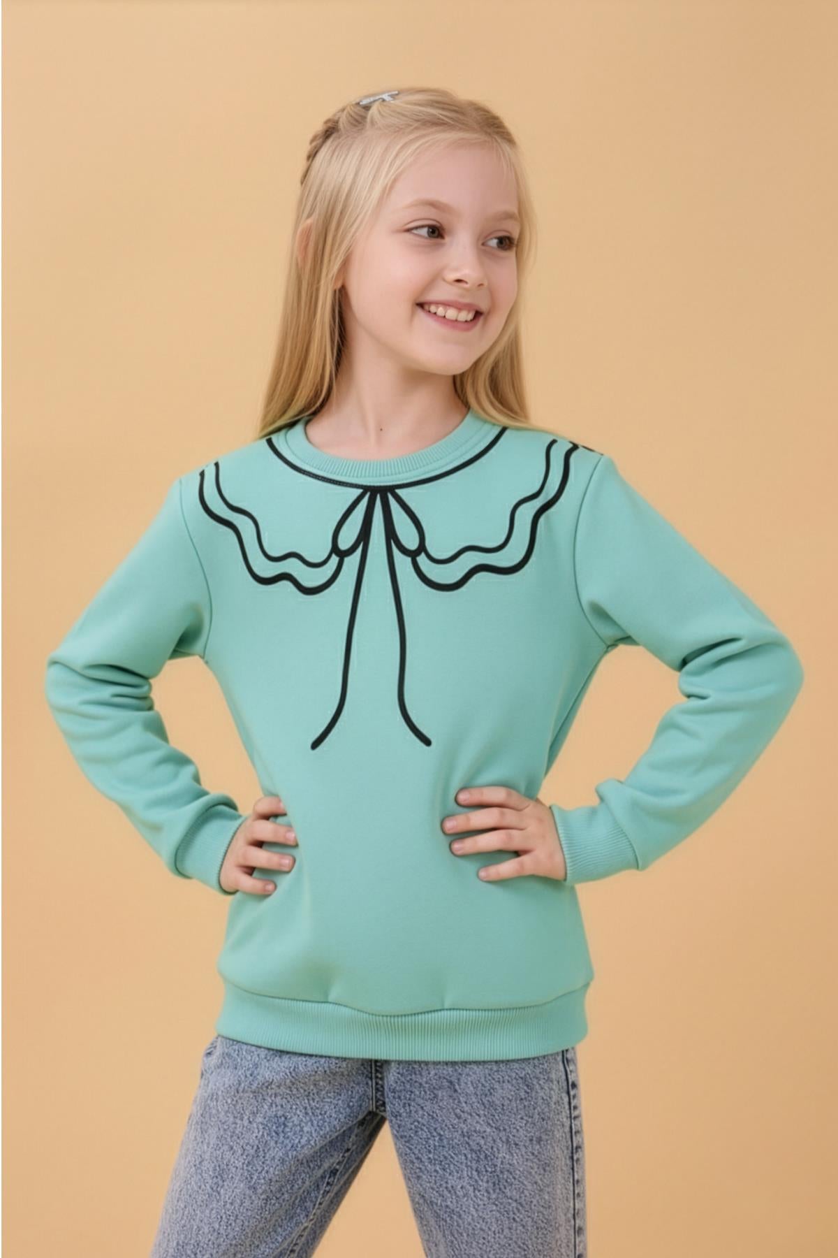 Kız Çocuk Bisiklet Yaka Baskılı Şardonlu Kışlık Sweatshirt - Çağla