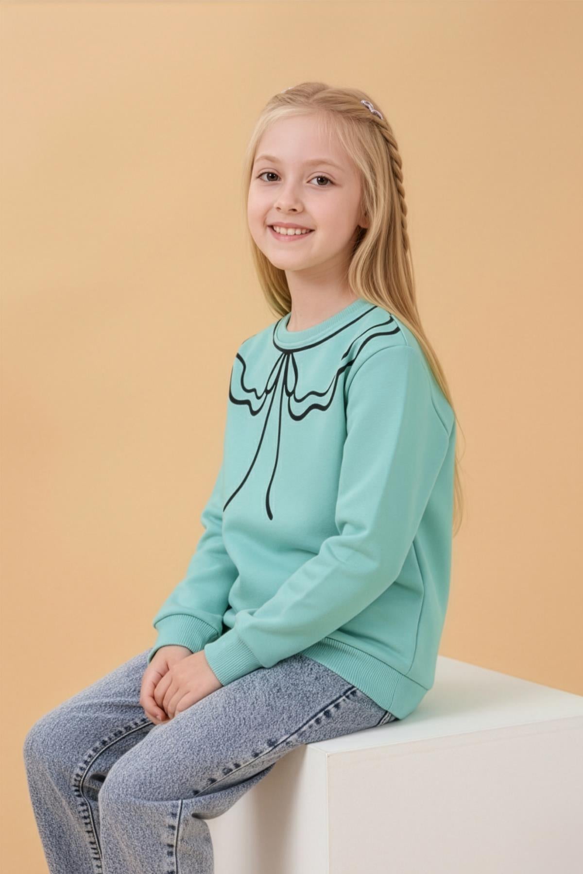 Kız Çocuk Bisiklet Yaka Baskılı Şardonlu Kışlık Sweatshirt - Çağla