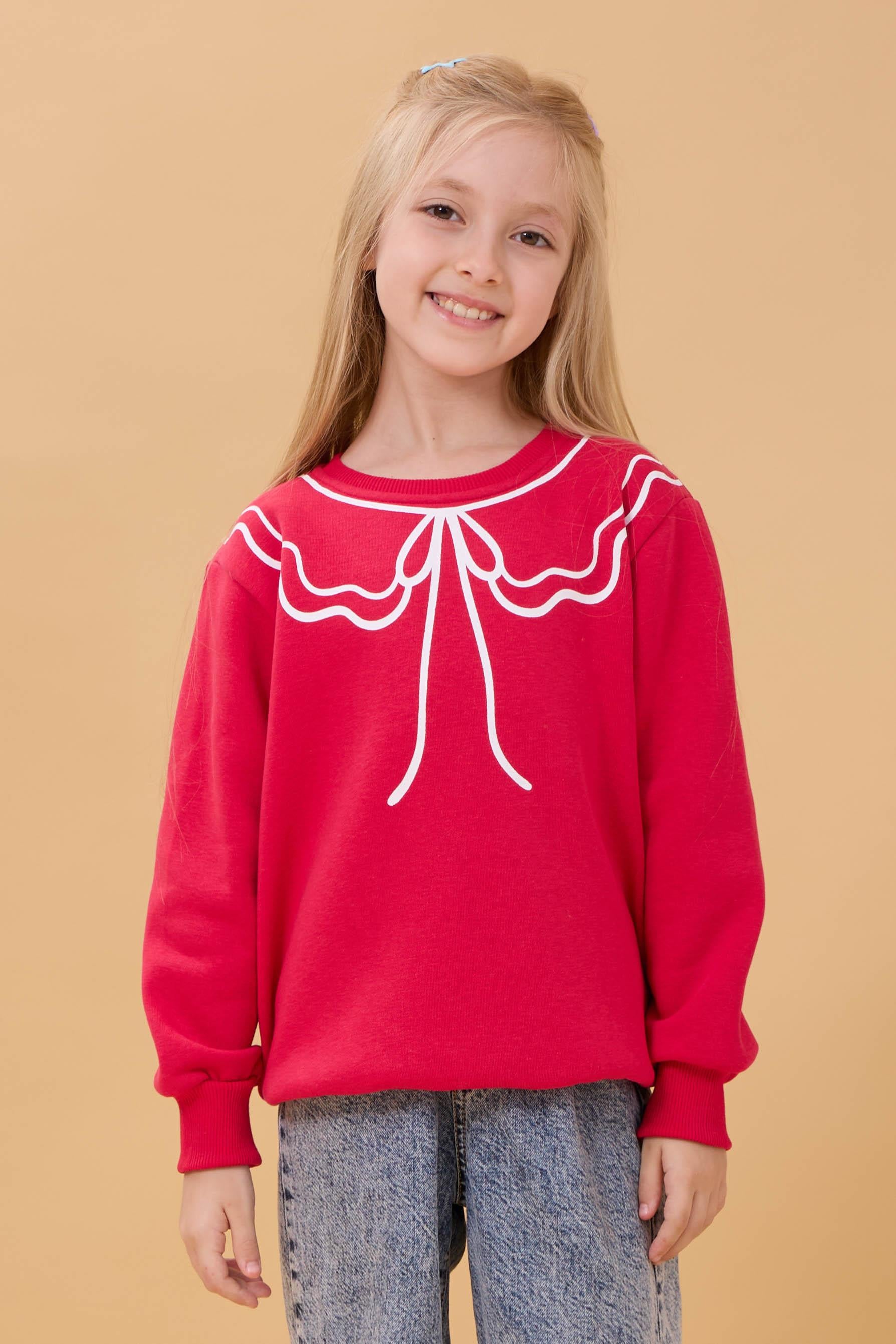 Kız Çocuk Bisiklet Yaka Baskılı Şardonlu Kışlık Sweatshirt - Fuşya