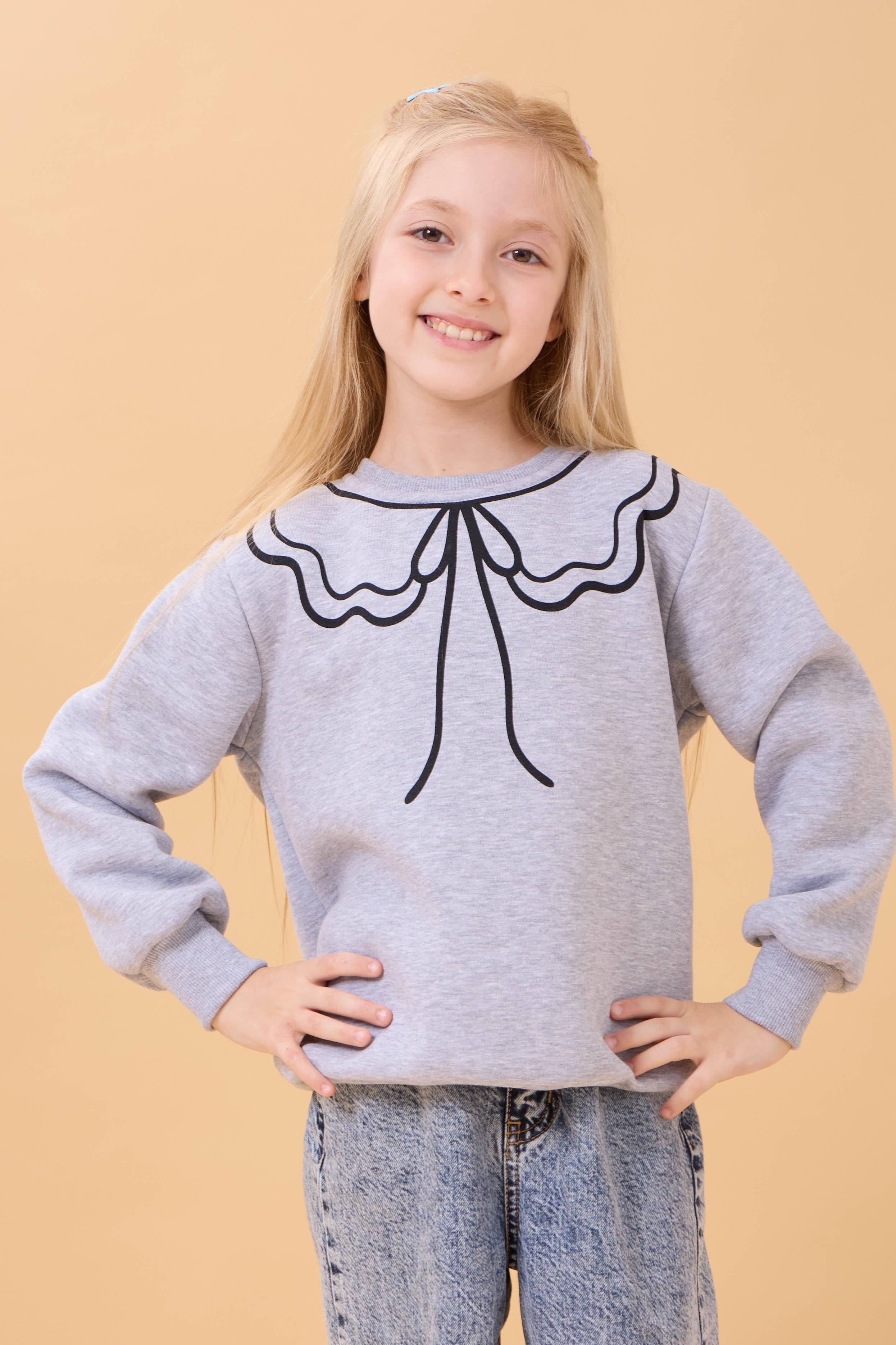 Kız Çocuk Bisiklet Yaka Baskılı Şardonlu Kışlık Sweatshirt - Gri