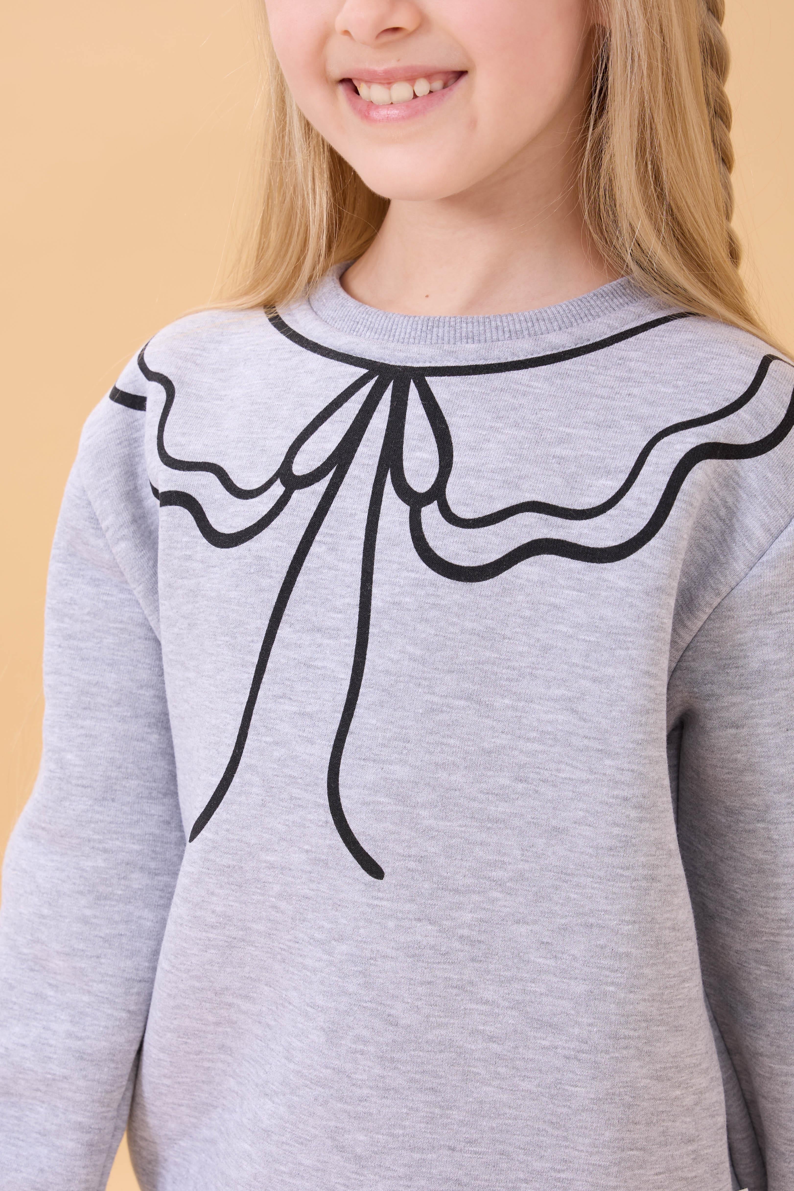 Kız Çocuk Bisiklet Yaka Baskılı Şardonlu Kışlık Sweatshirt - Gri