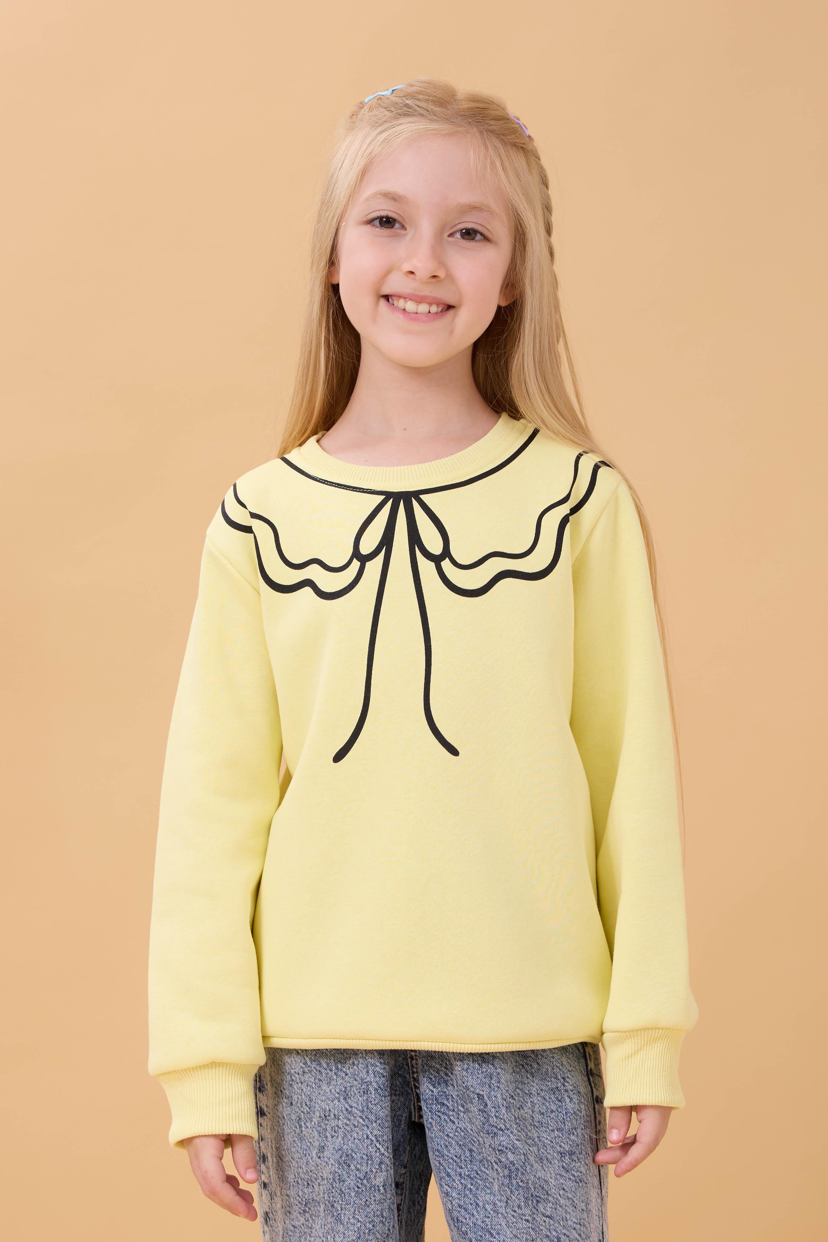 Kız Çocuk Bisiklet Yaka Baskılı Şardonlu Kışlık Sweatshirt - Sarı