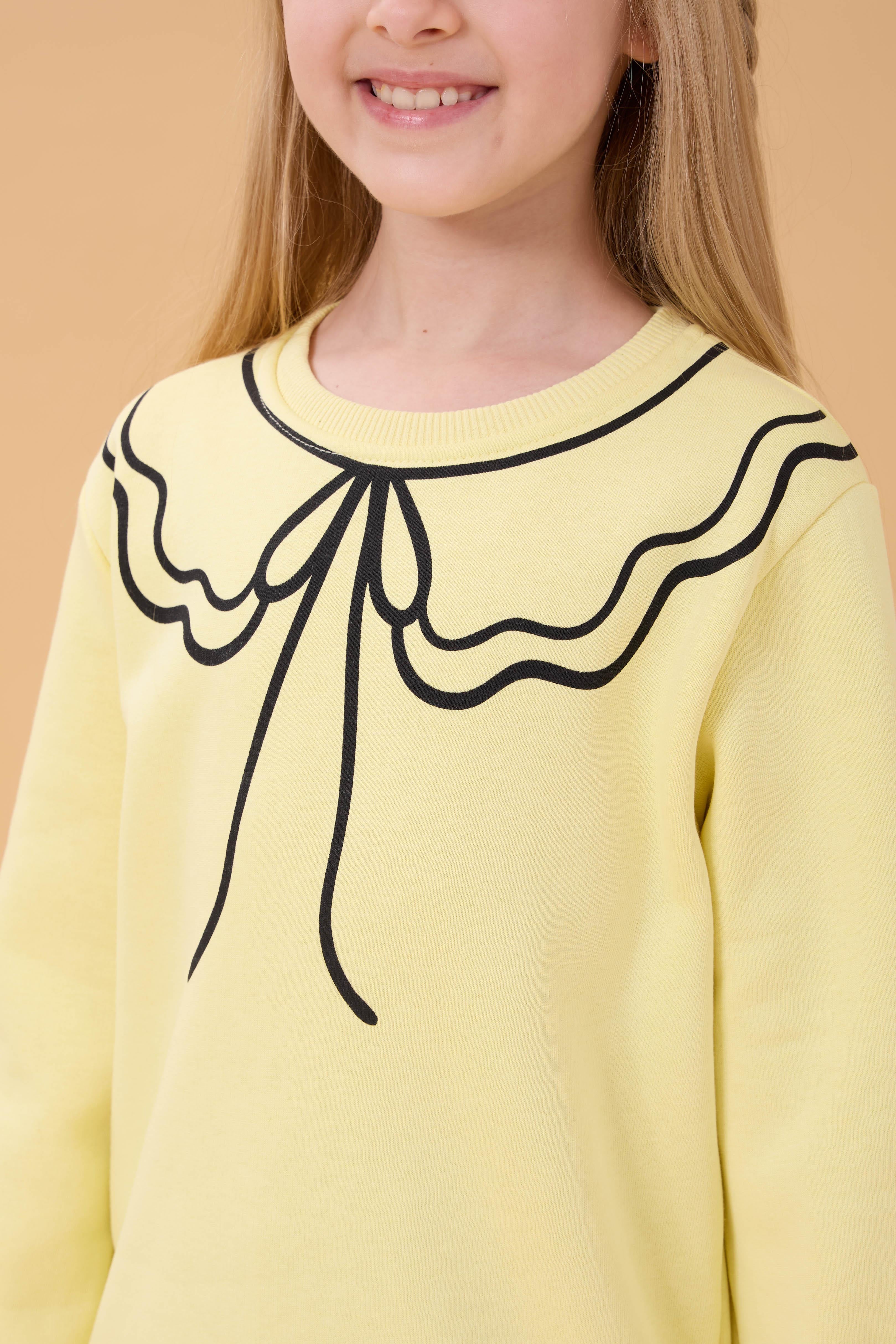Kız Çocuk Bisiklet Yaka Baskılı Şardonlu Kışlık Sweatshirt - Sarı