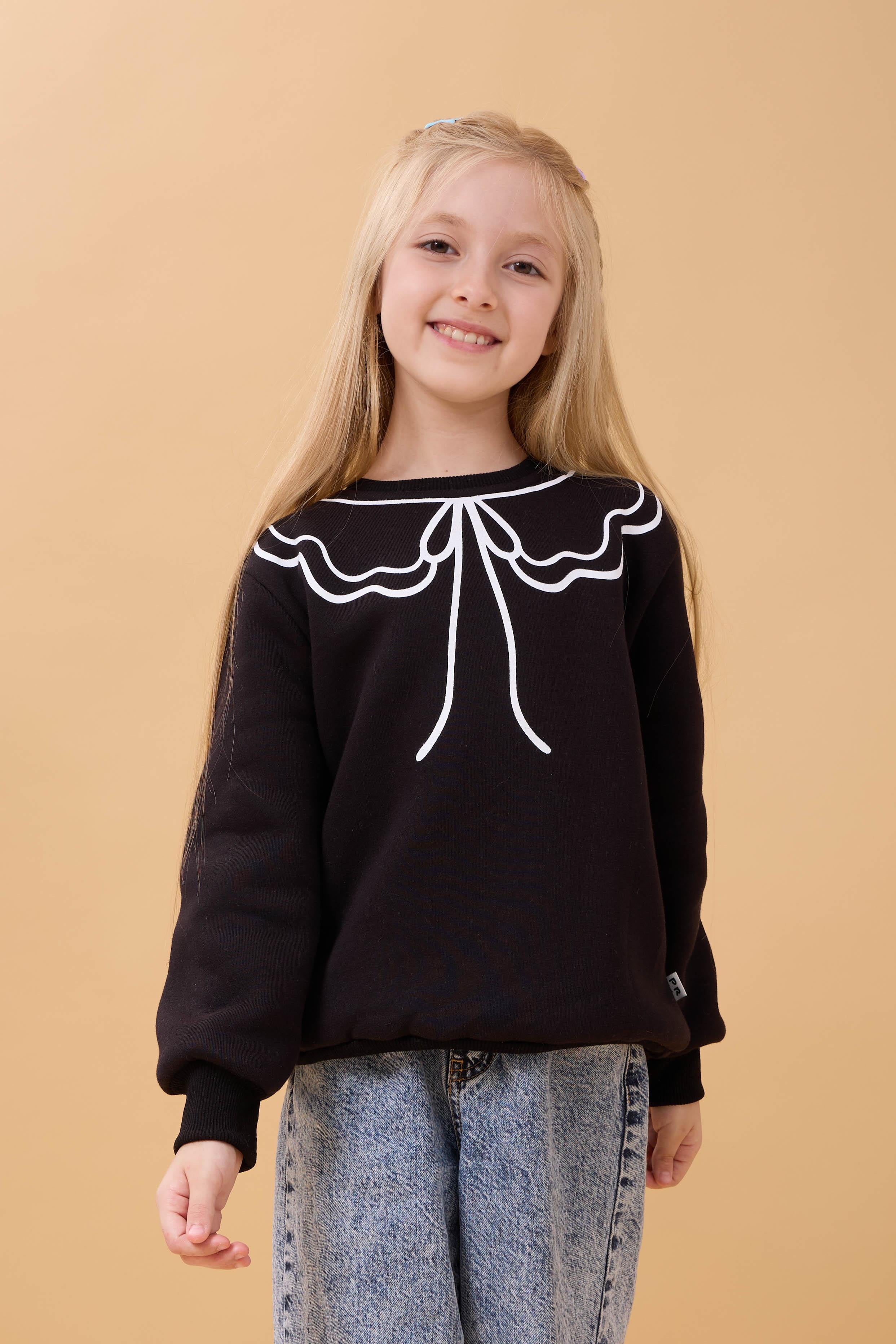 Kız Çocuk Bisiklet Yaka Baskılı Şardonlu Kışlık Sweatshirt - Siyah