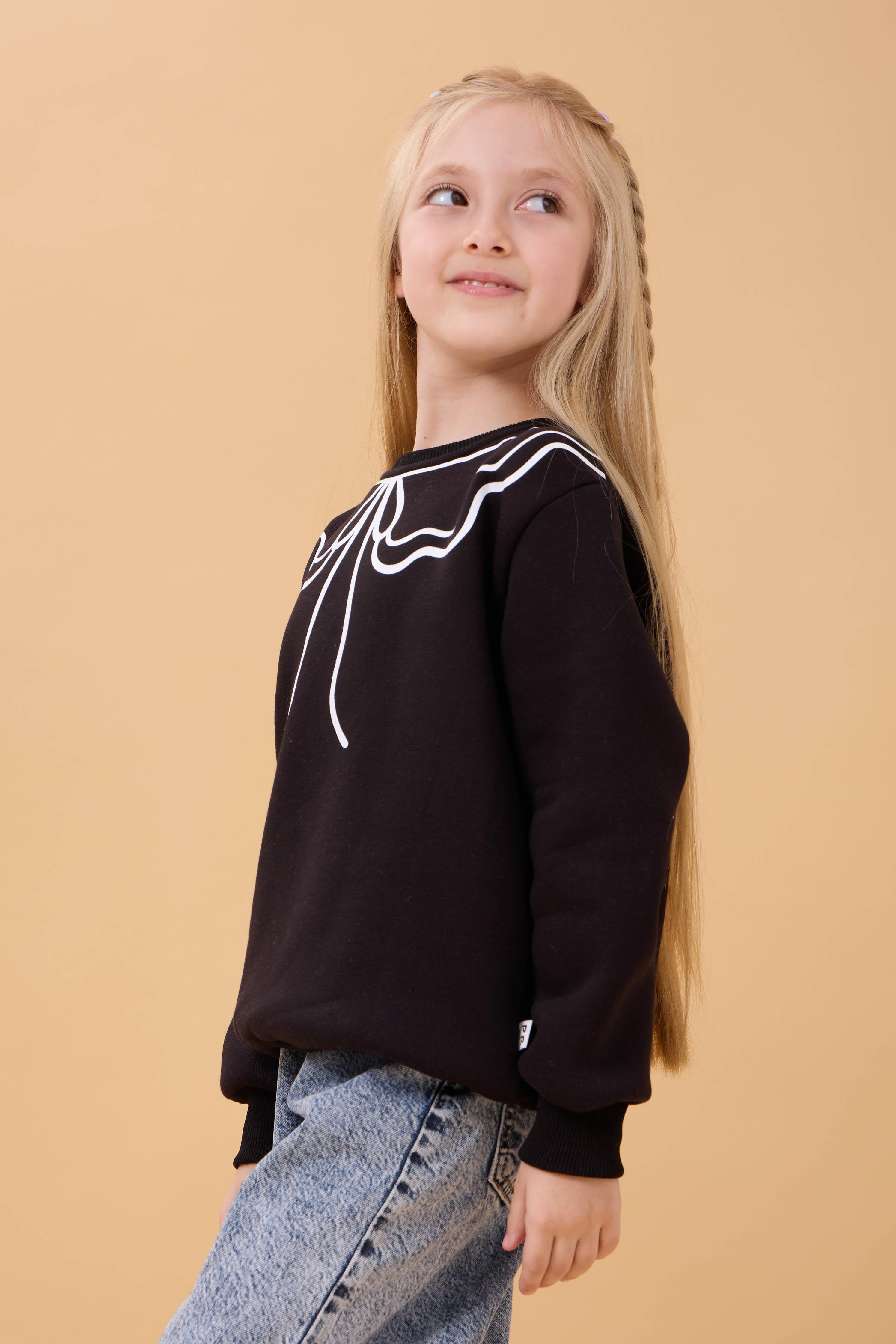 Kız Çocuk Bisiklet Yaka Baskılı Şardonlu Kışlık Sweatshirt - Siyah