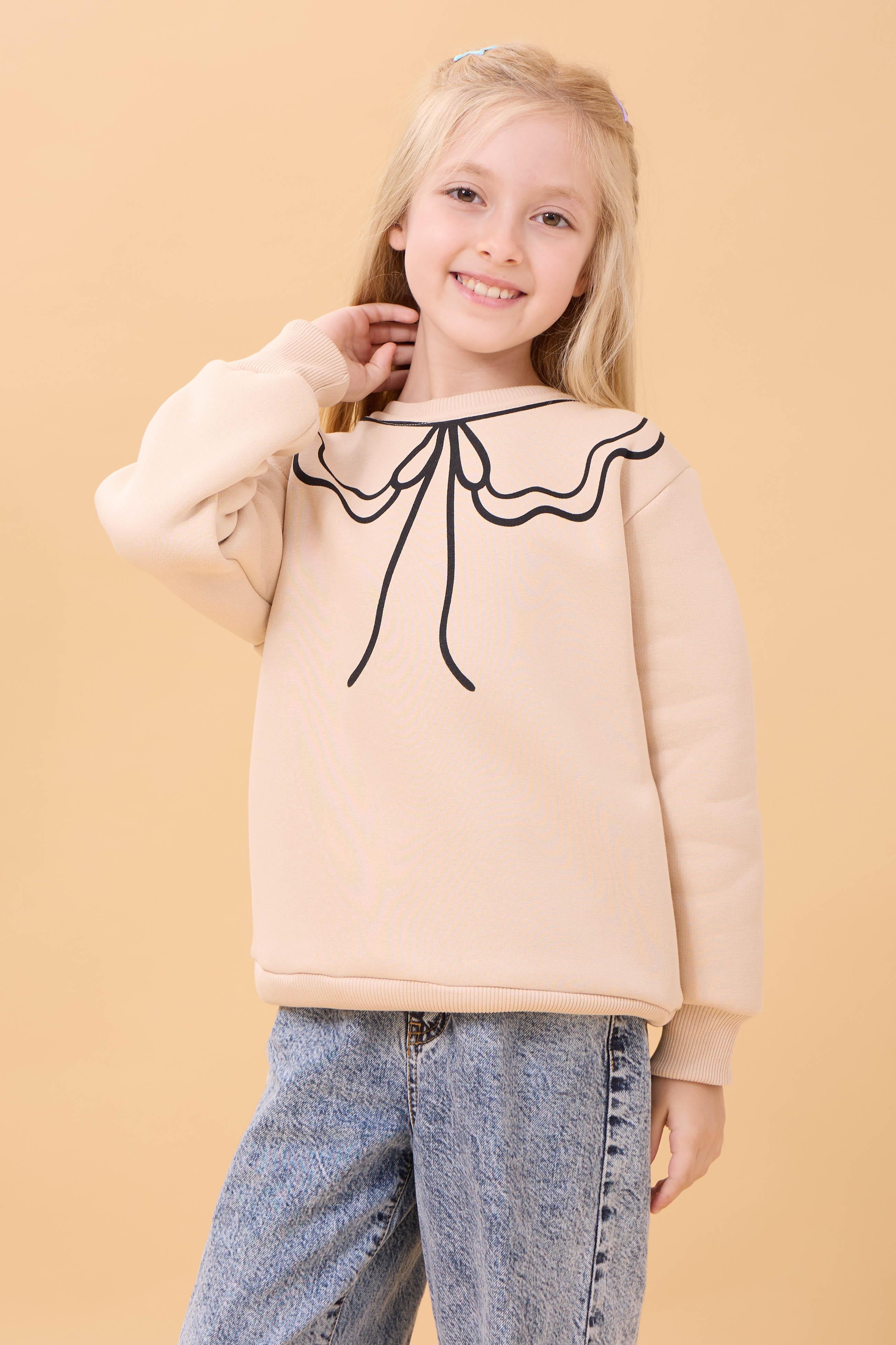 Kız Çocuk Bisiklet Yaka Baskılı Şardonlu Kışlık Sweatshirt - Taş