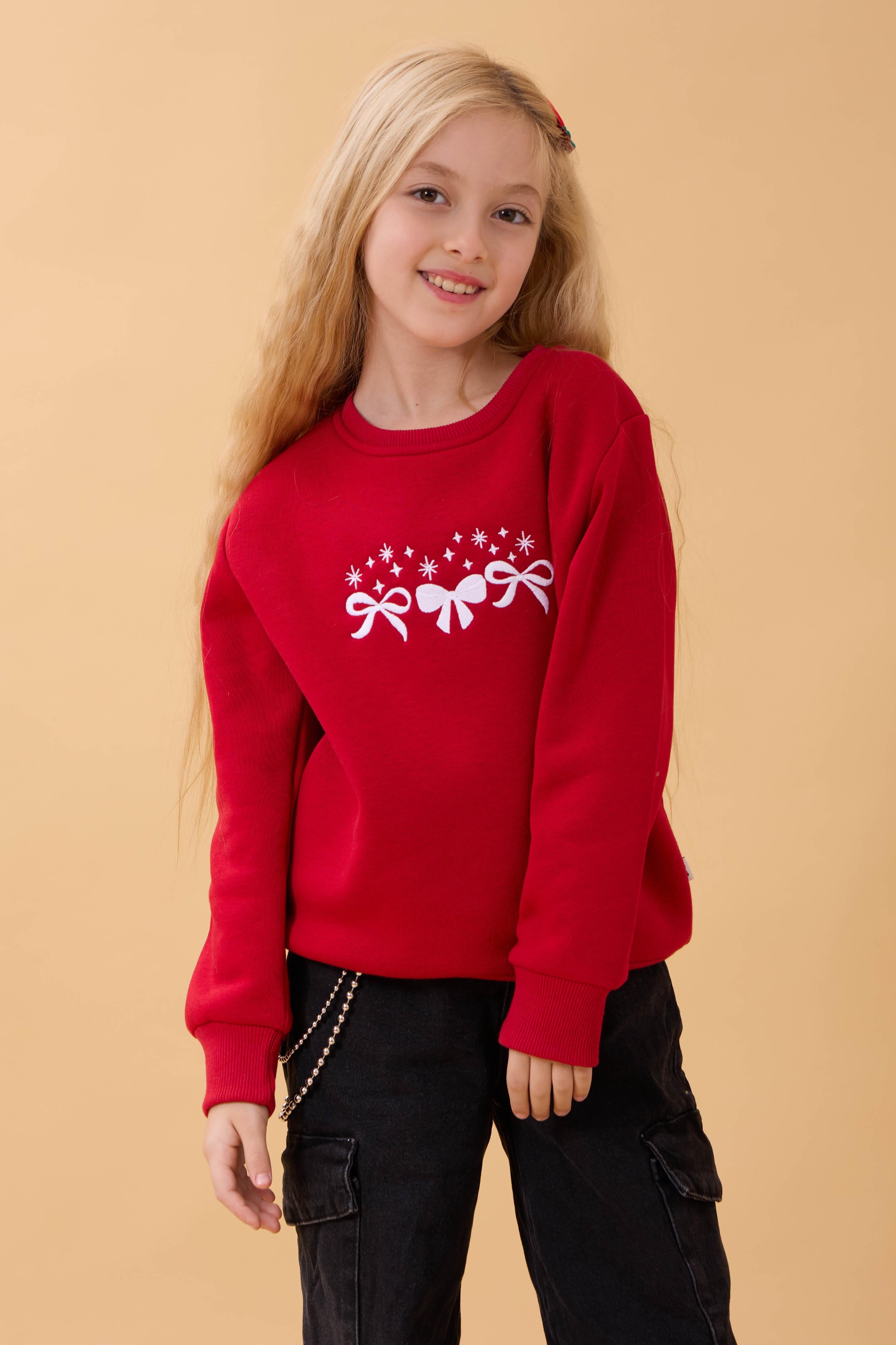 Kız Çocuk Bisiklet Yaka Fiyonk Nakışlı Sweatshirt