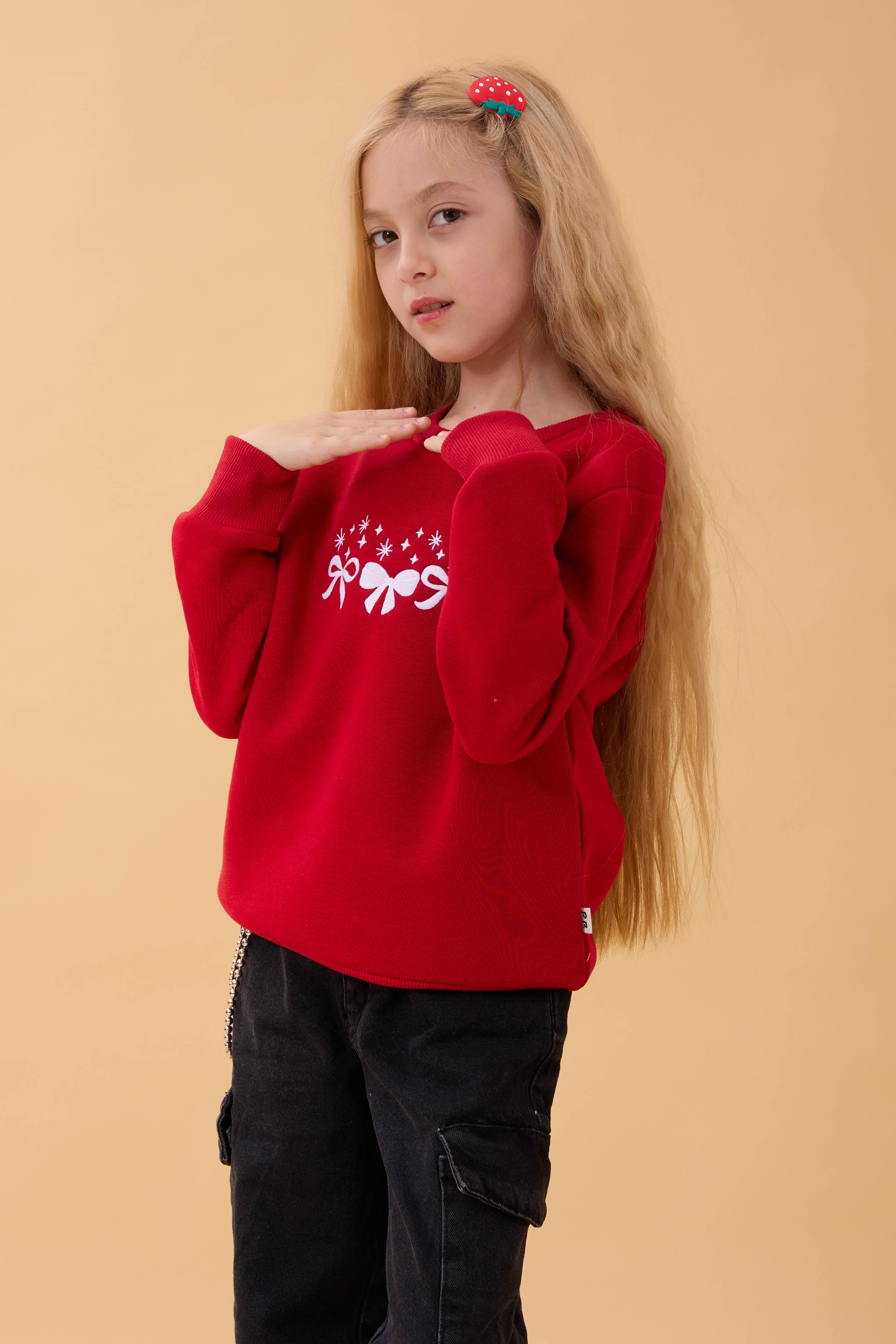 Kız Çocuk Bisiklet Yaka Fiyonk Nakışlı Sweatshirt