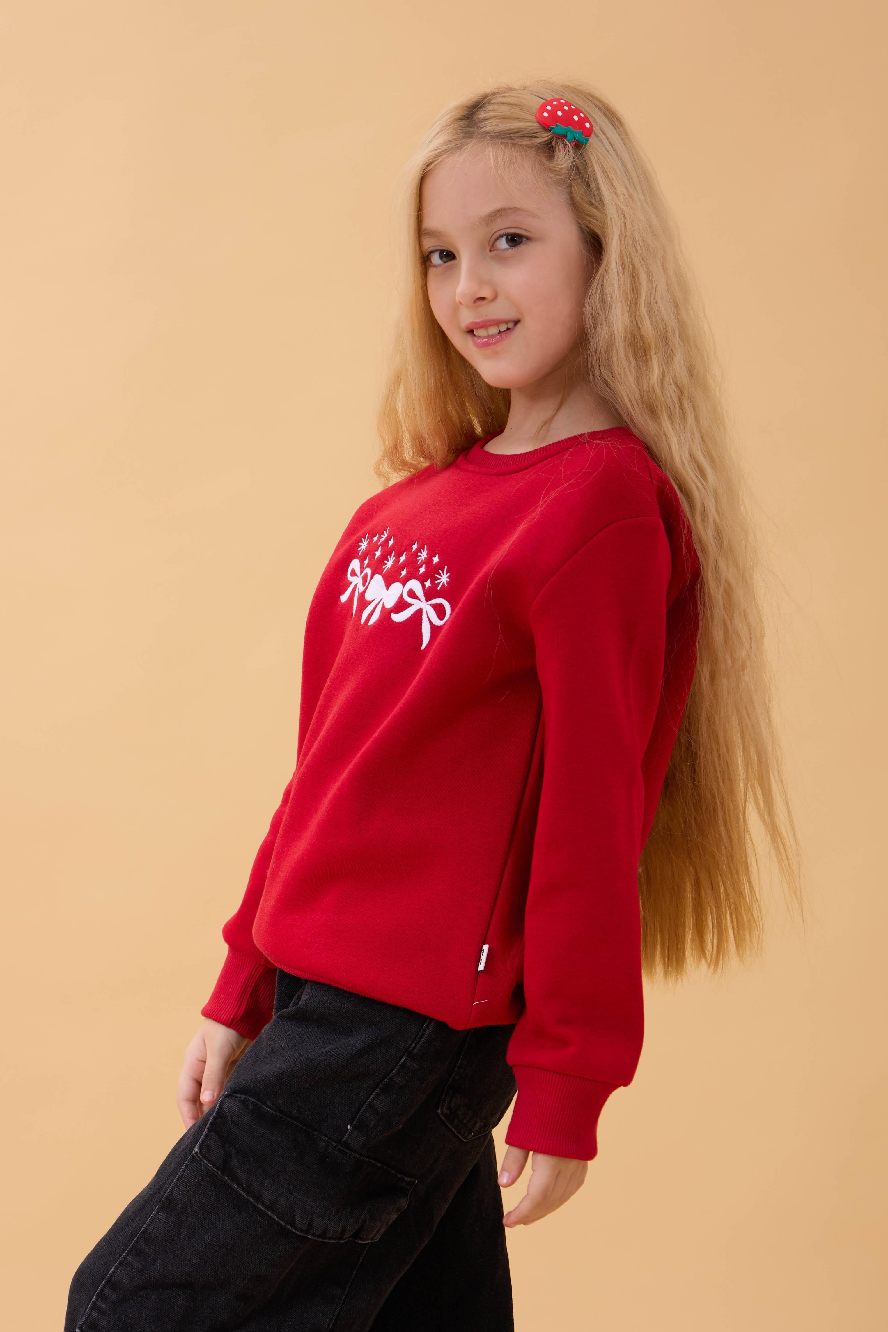 Kız Çocuk Bisiklet Yaka Fiyonk Nakışlı Sweatshirt