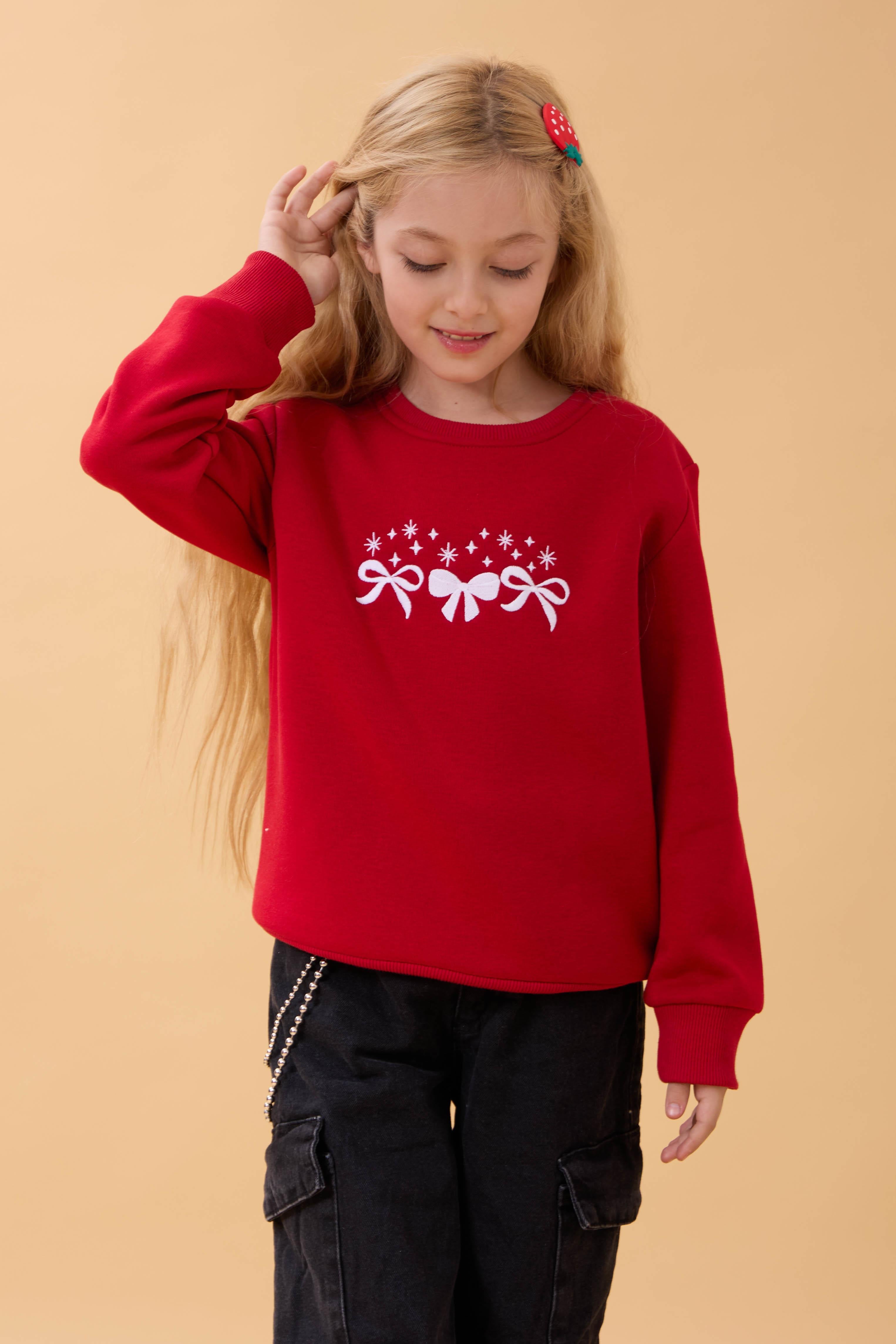 Kız Çocuk Bisiklet Yaka Fiyonk Nakışlı Sweatshirt