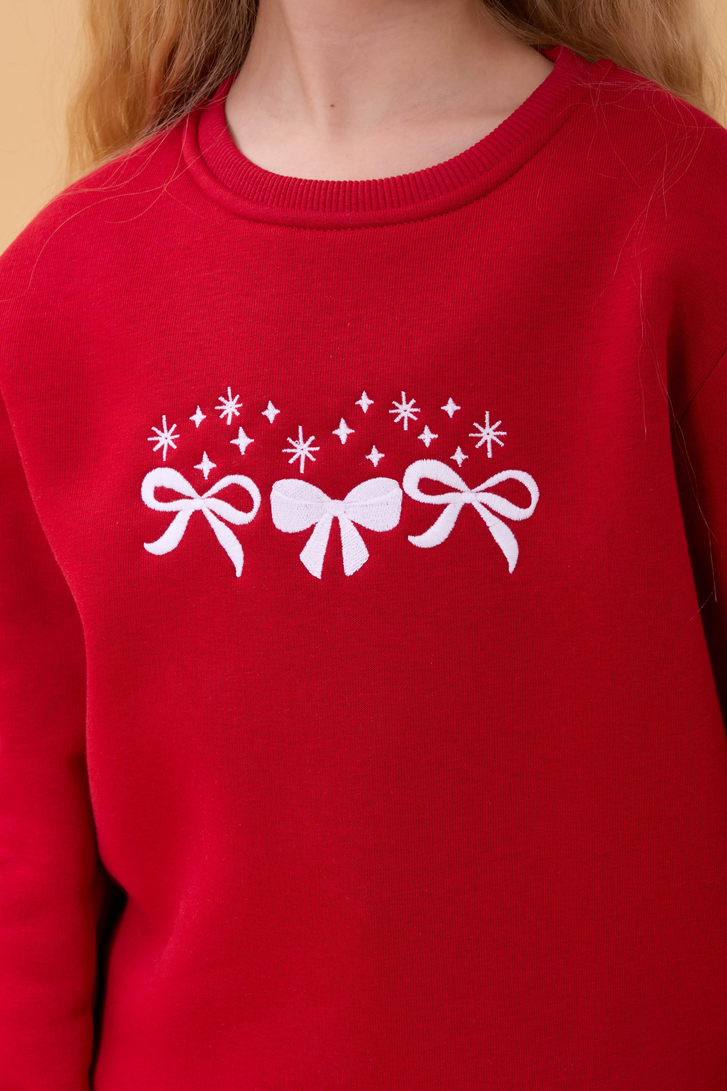 Kız Çocuk Bisiklet Yaka Fiyonk Nakışlı Sweatshirt