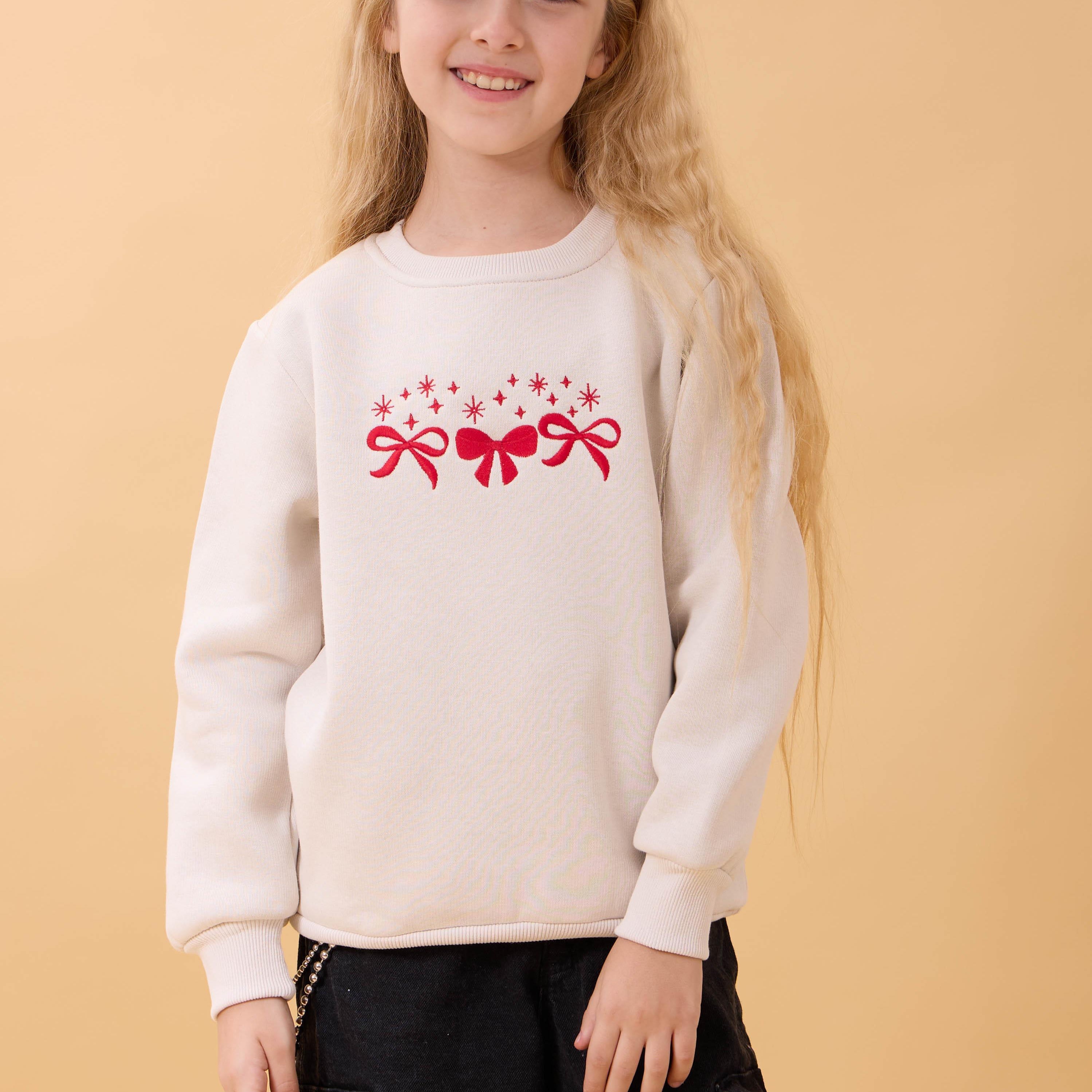 Kız Çocuk Bisiklet Yaka Fiyonk Nakışlı Sweatshirt