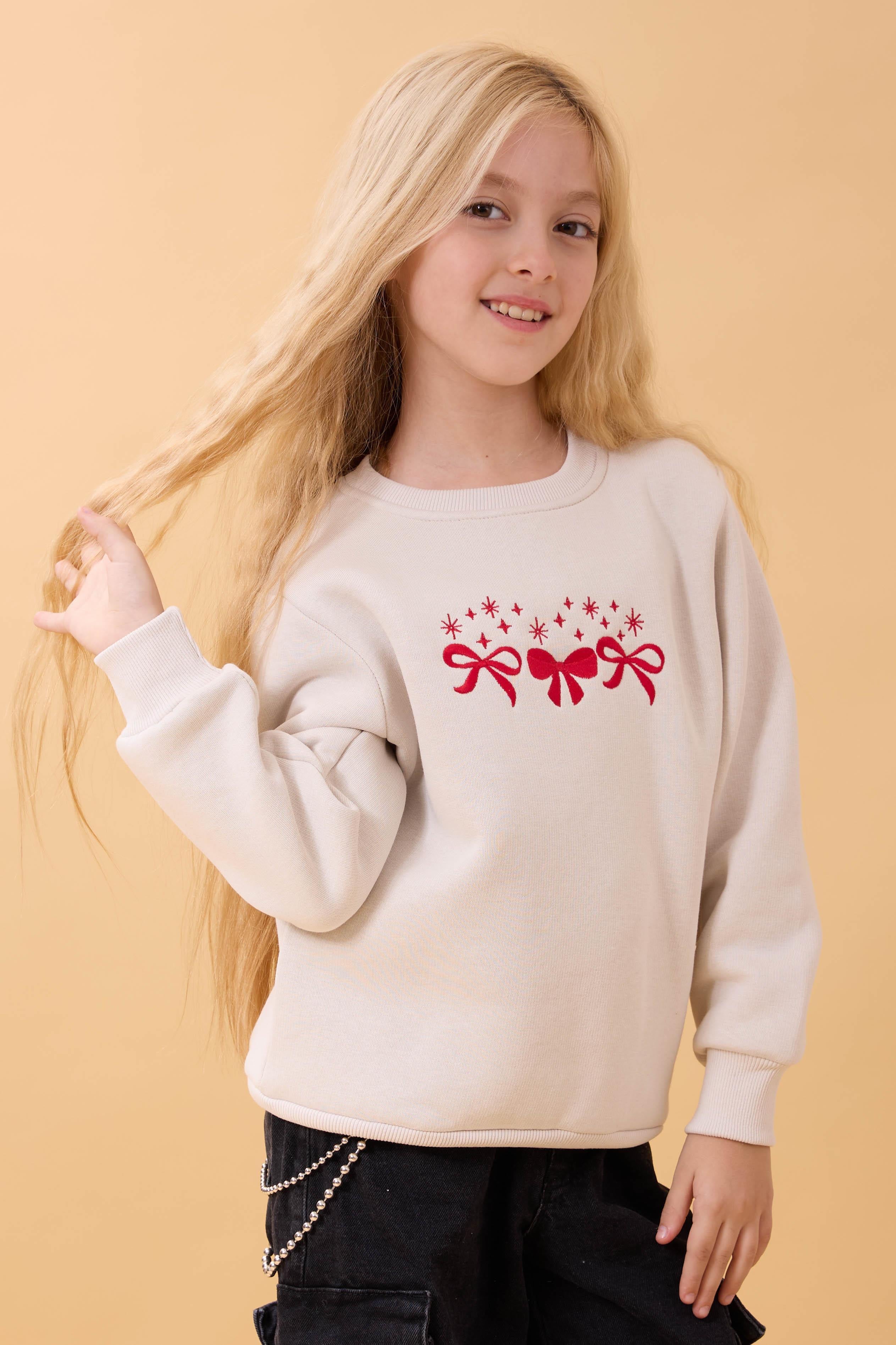 Kız Çocuk Bisiklet Yaka Fiyonk Nakışlı Sweatshirt