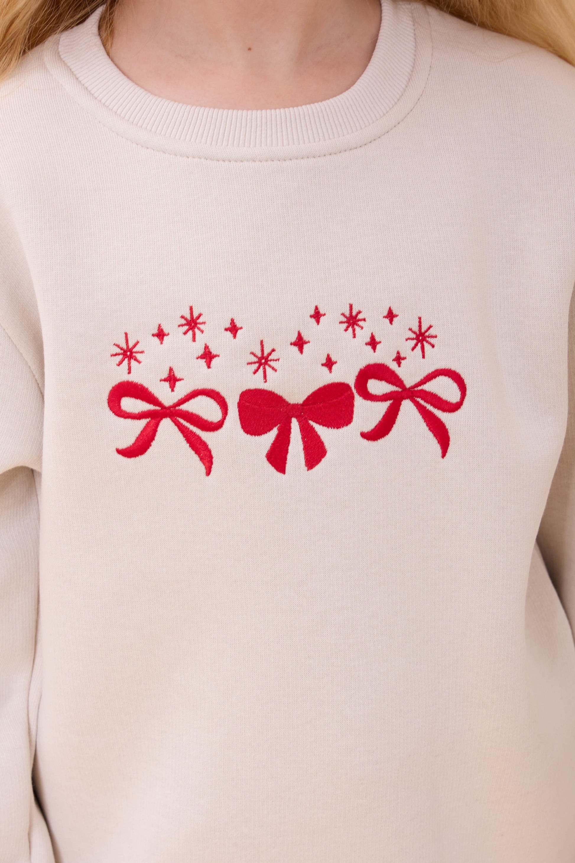 Kız Çocuk Bisiklet Yaka Fiyonk Nakışlı Sweatshirt