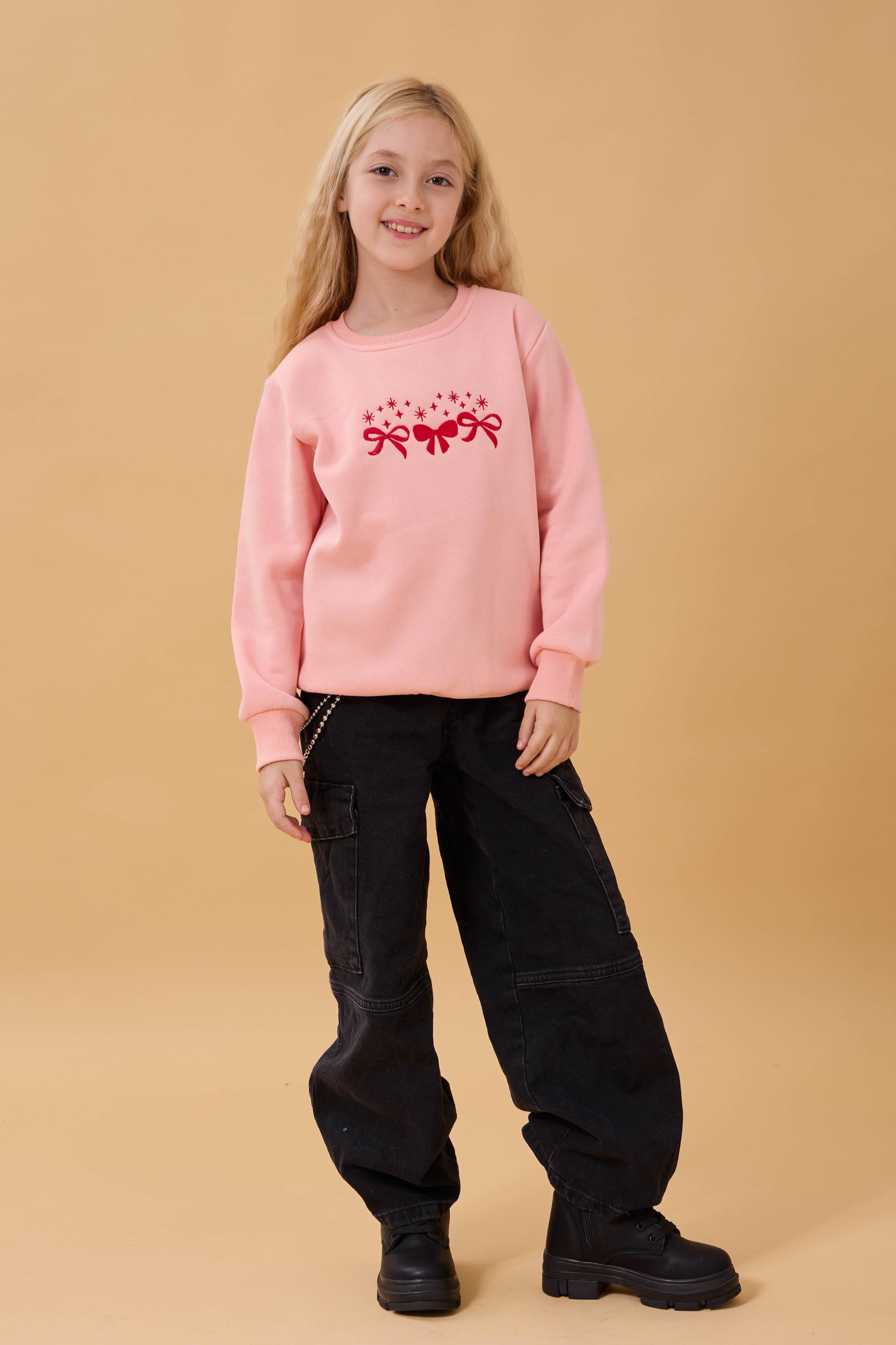 Kız Çocuk Bisiklet Yaka Fiyonk Nakışlı Sweatshirt