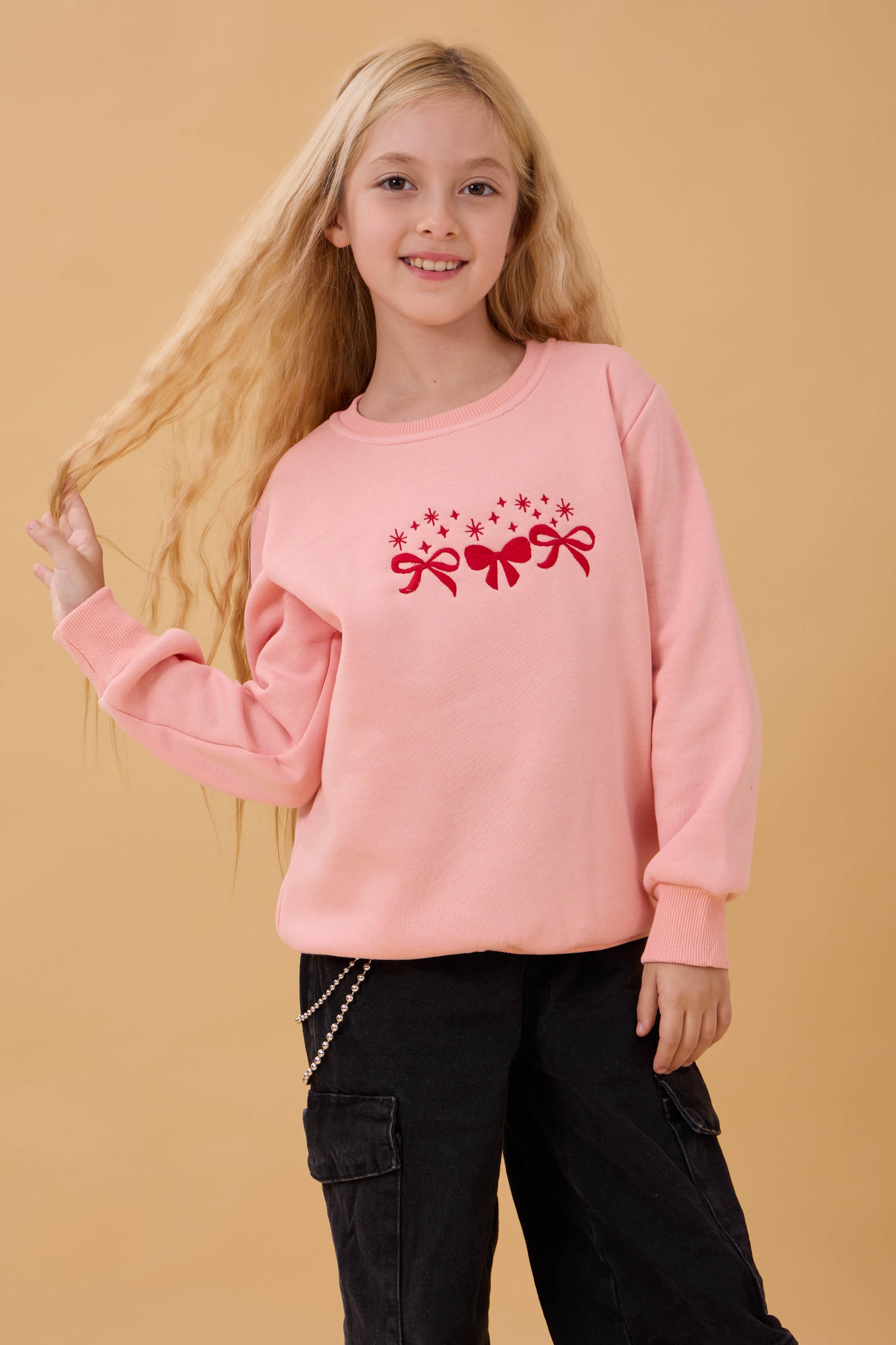 Kız Çocuk Bisiklet Yaka Fiyonk Nakışlı Sweatshirt