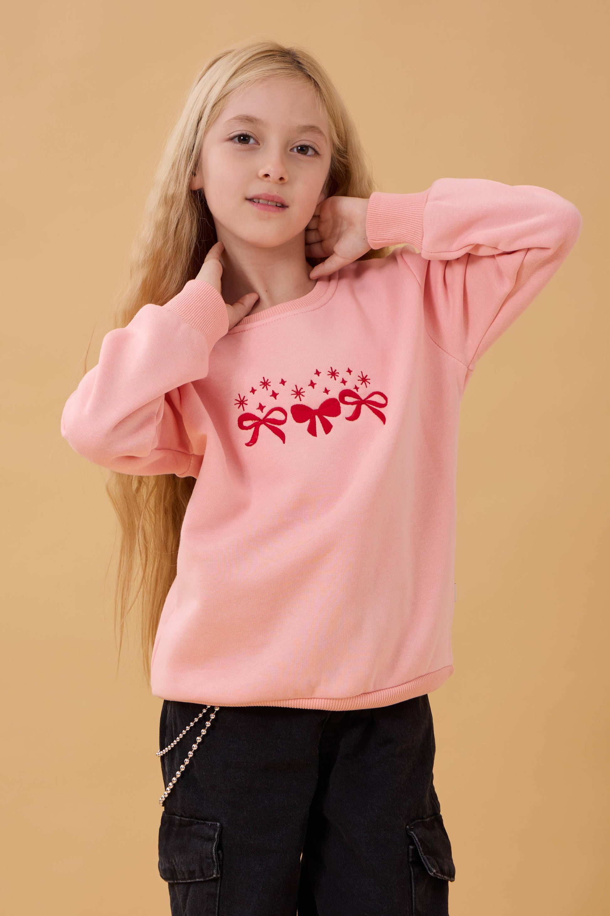 Kız Çocuk Bisiklet Yaka Fiyonk Nakışlı Sweatshirt
