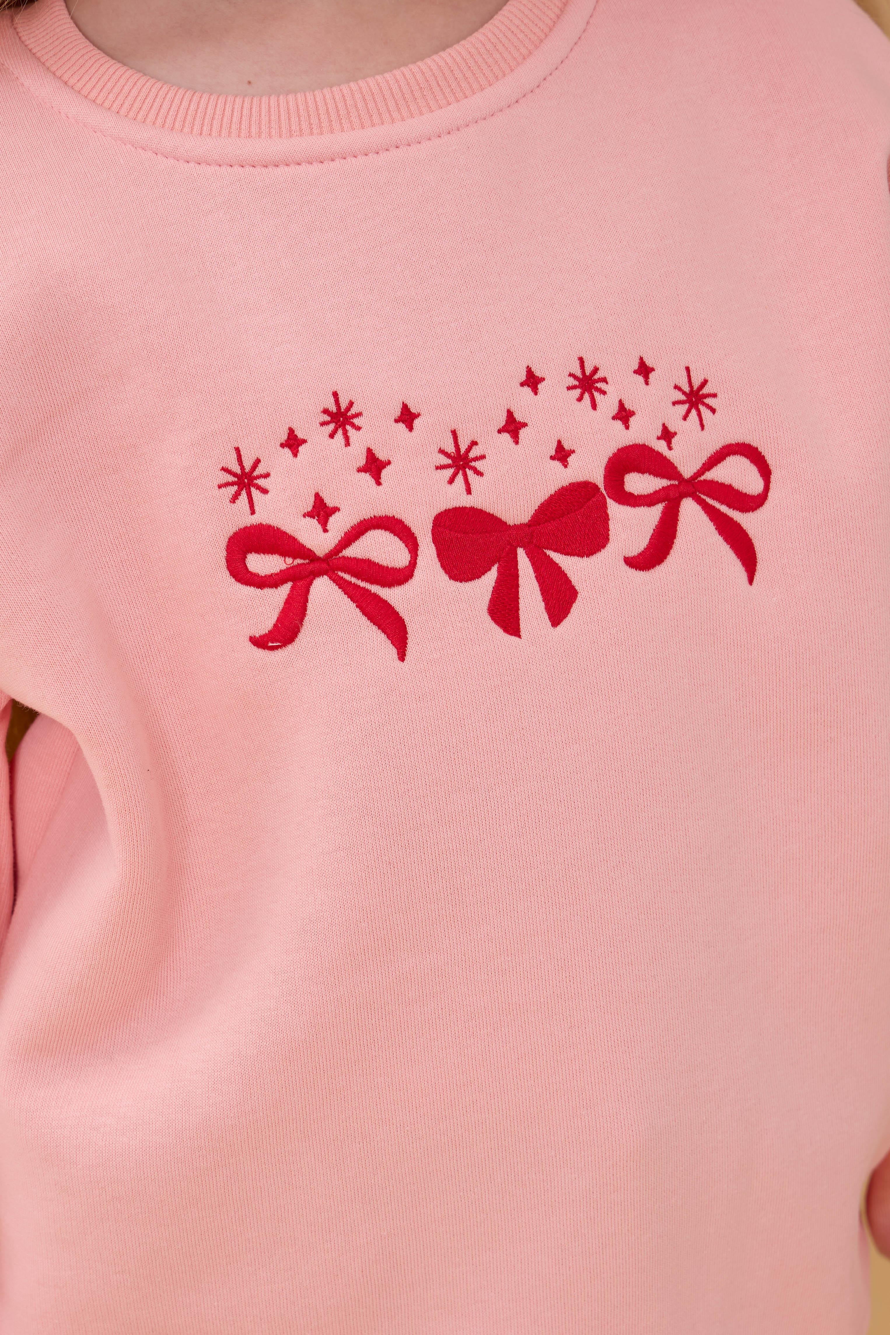 Kız Çocuk Bisiklet Yaka Fiyonk Nakışlı Sweatshirt