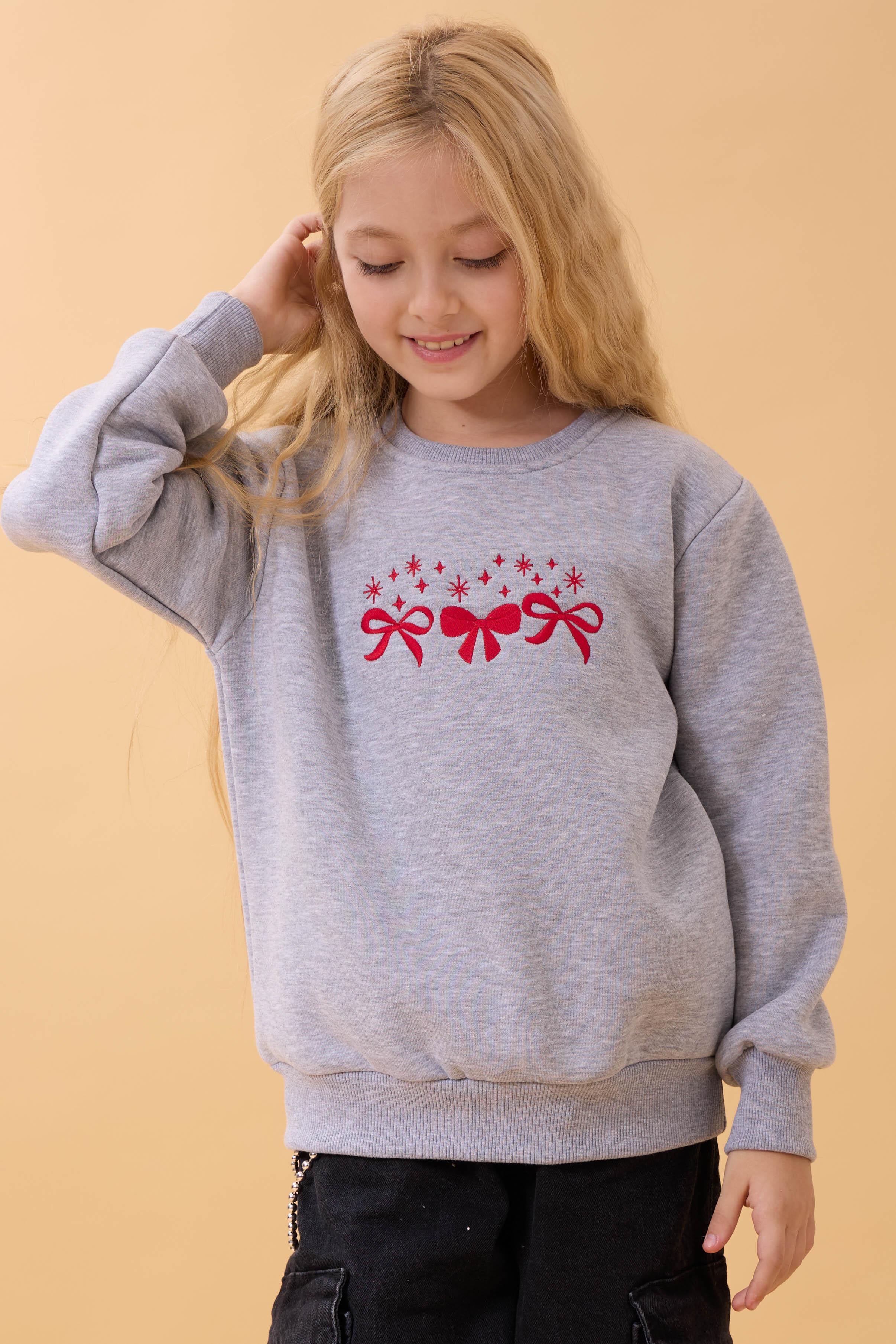 Kız Çocuk Bisiklet Yaka Fiyonk Nakışlı Sweatshirt Gri Melanj