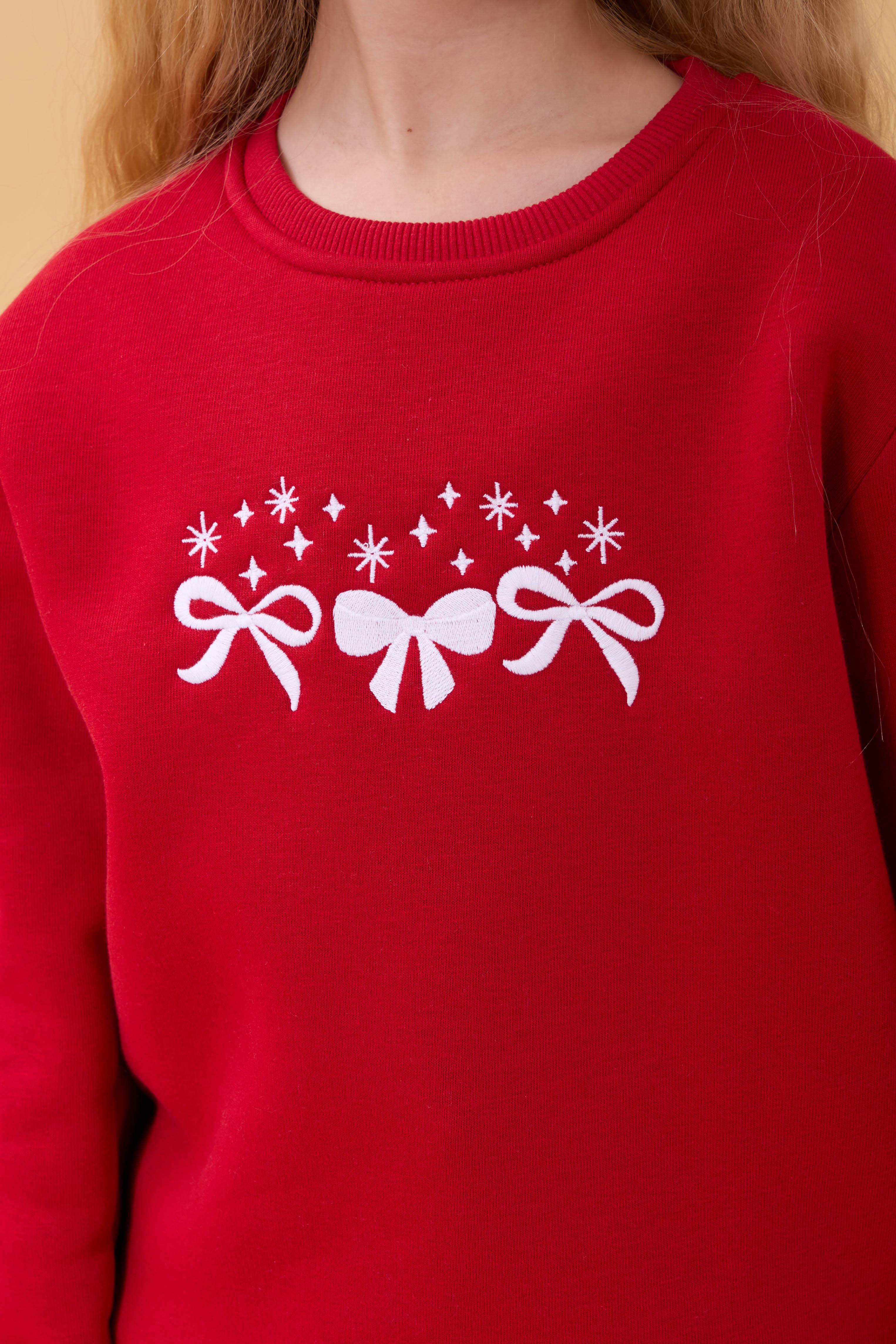 Kız Çocuk Bisiklet Yaka Fiyonk Nakışlı Sweatshirt Kırmızı