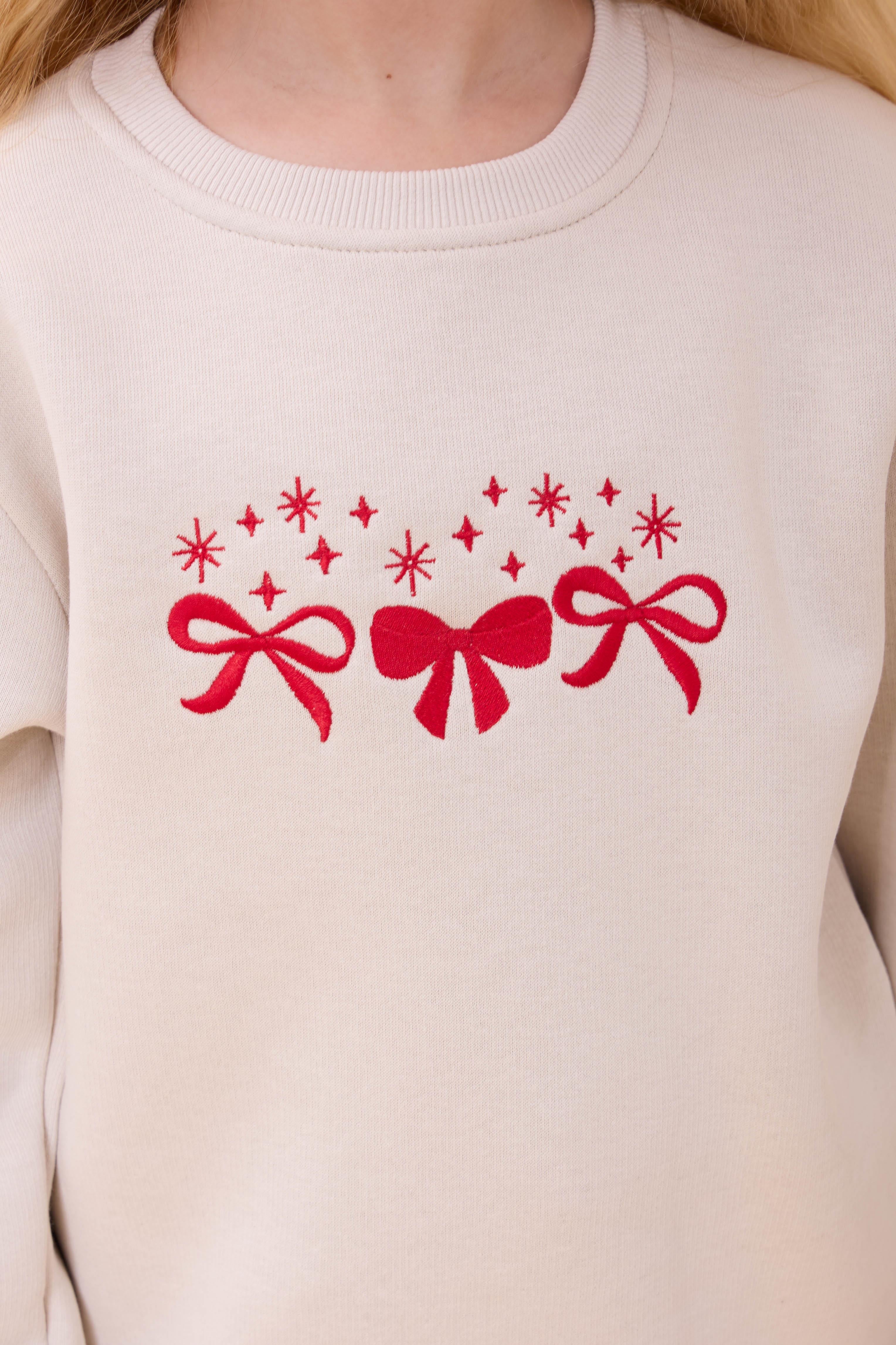 Kız Çocuk Bisiklet Yaka Fiyonk Nakışlı Sweatshirt Taş