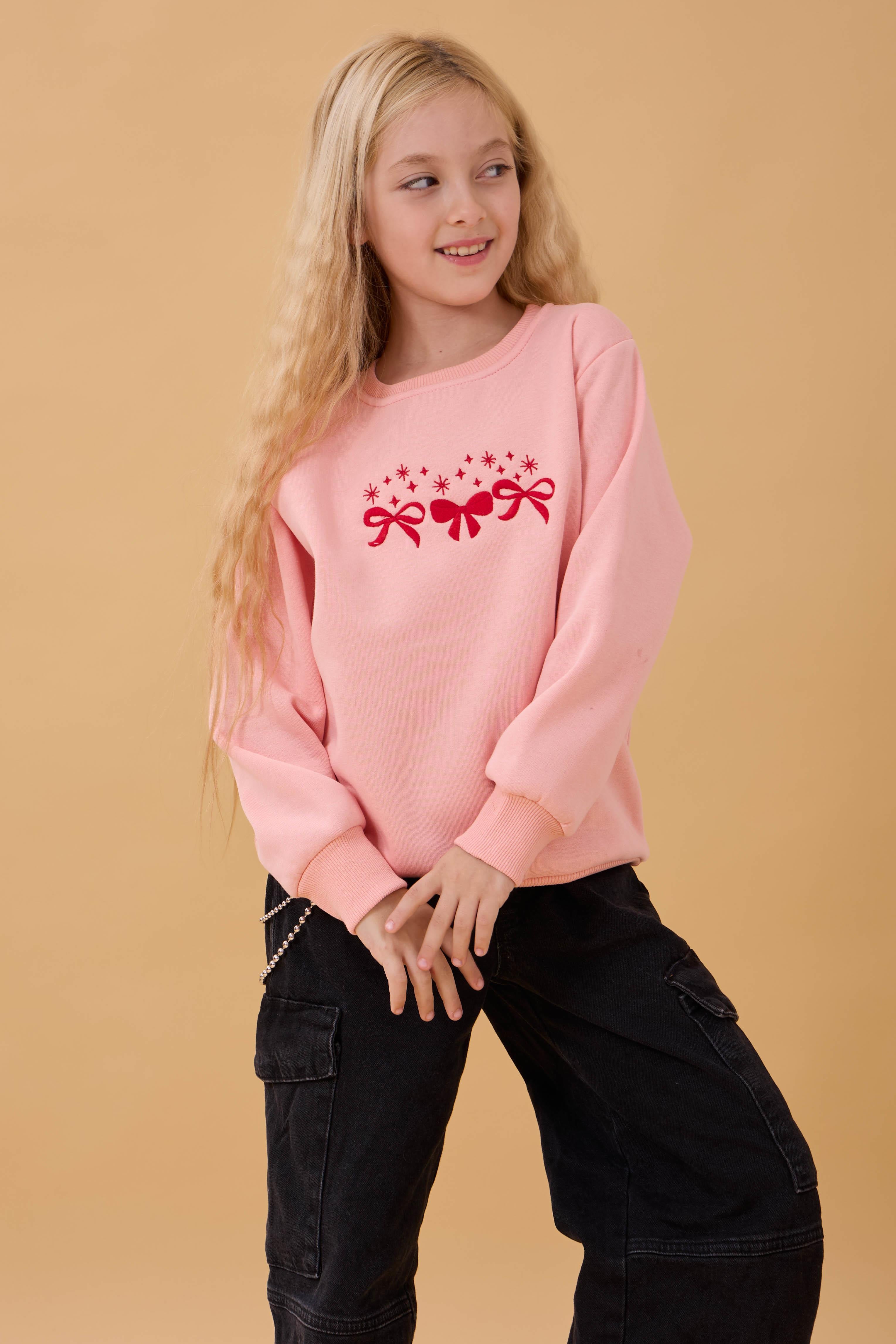 Kız Çocuk Bisiklet Yaka Fiyonk Nakışlı Sweatshirt Yavruağzı