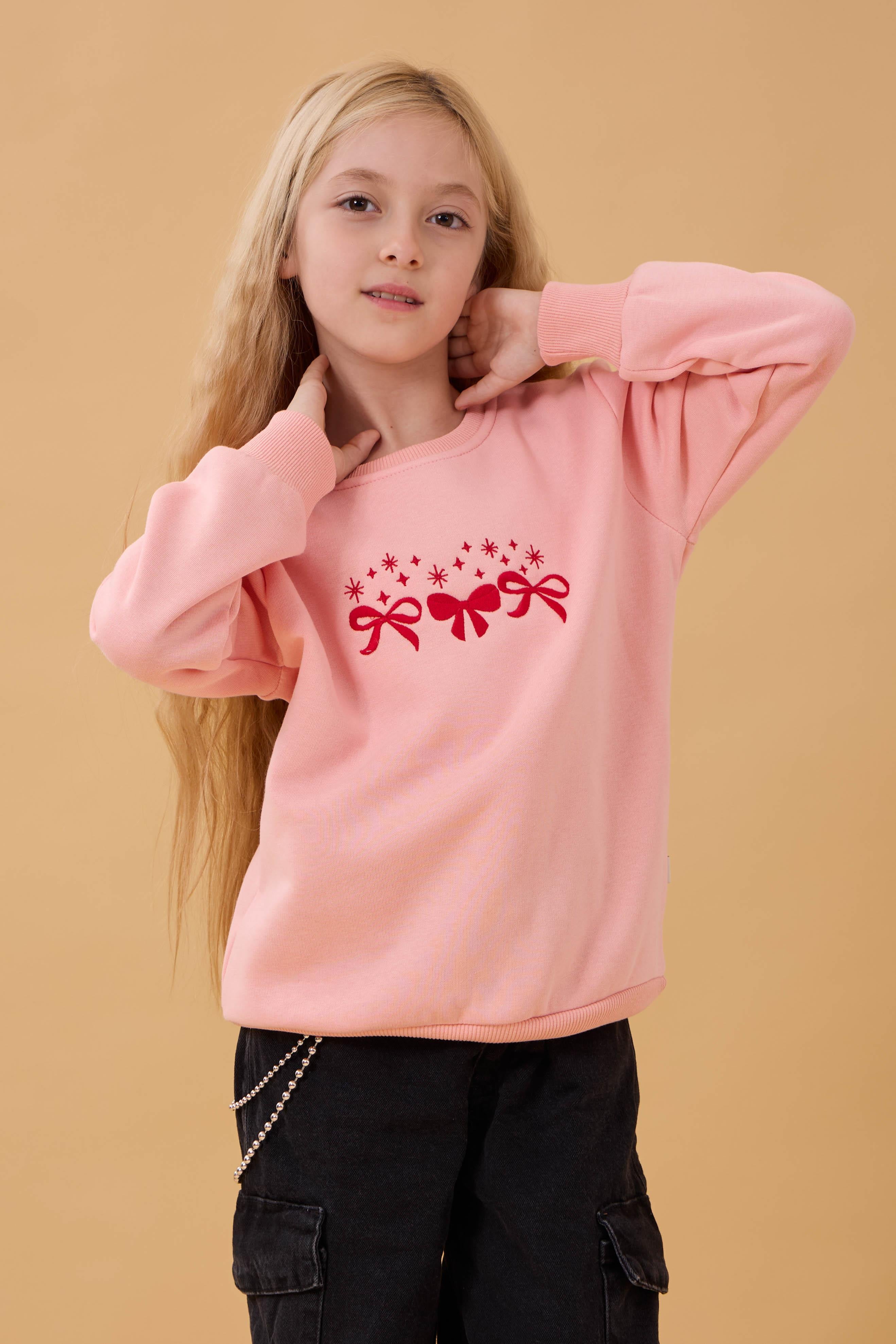 Kız Çocuk Bisiklet Yaka Fiyonk Nakışlı Sweatshirt Yavruağzı