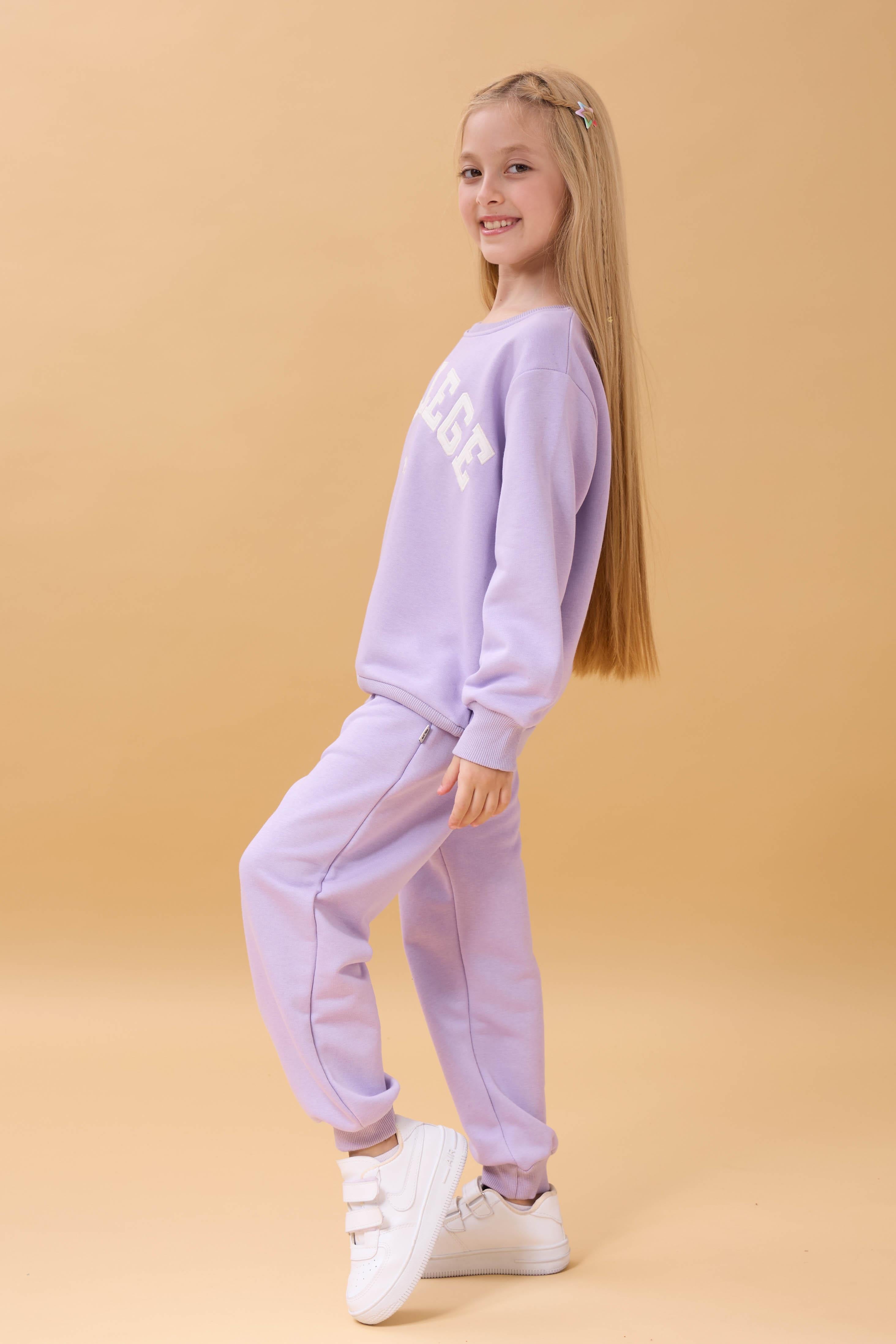 Kız Çocuk Bisiklet Yaka Kabartma Yazı Detaylı 2'li Eşofman Takımı Şardonsuz