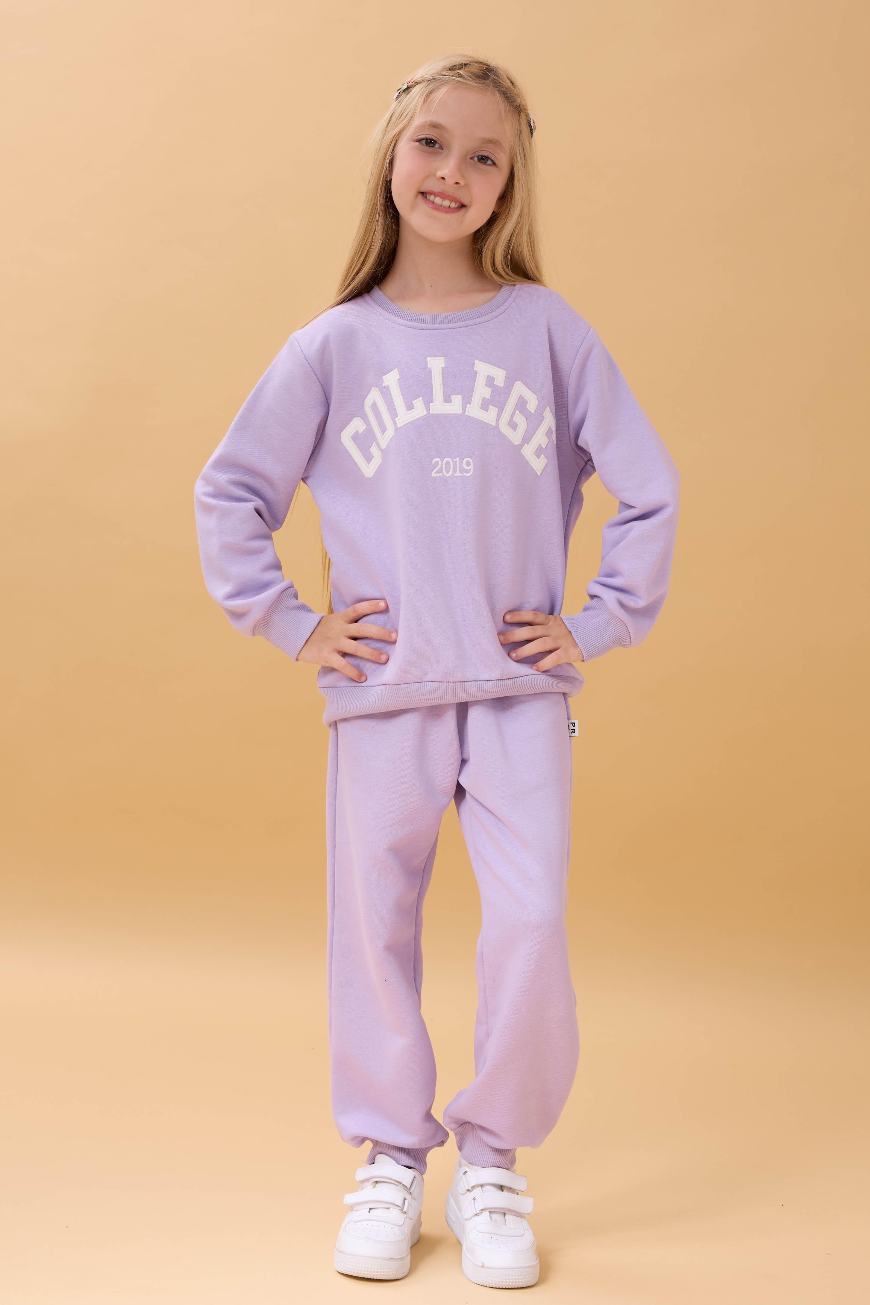 Kız Çocuk Bisiklet Yaka Kabartma Yazı Detaylı 2'li Eşofman Takımı Şardonsuz