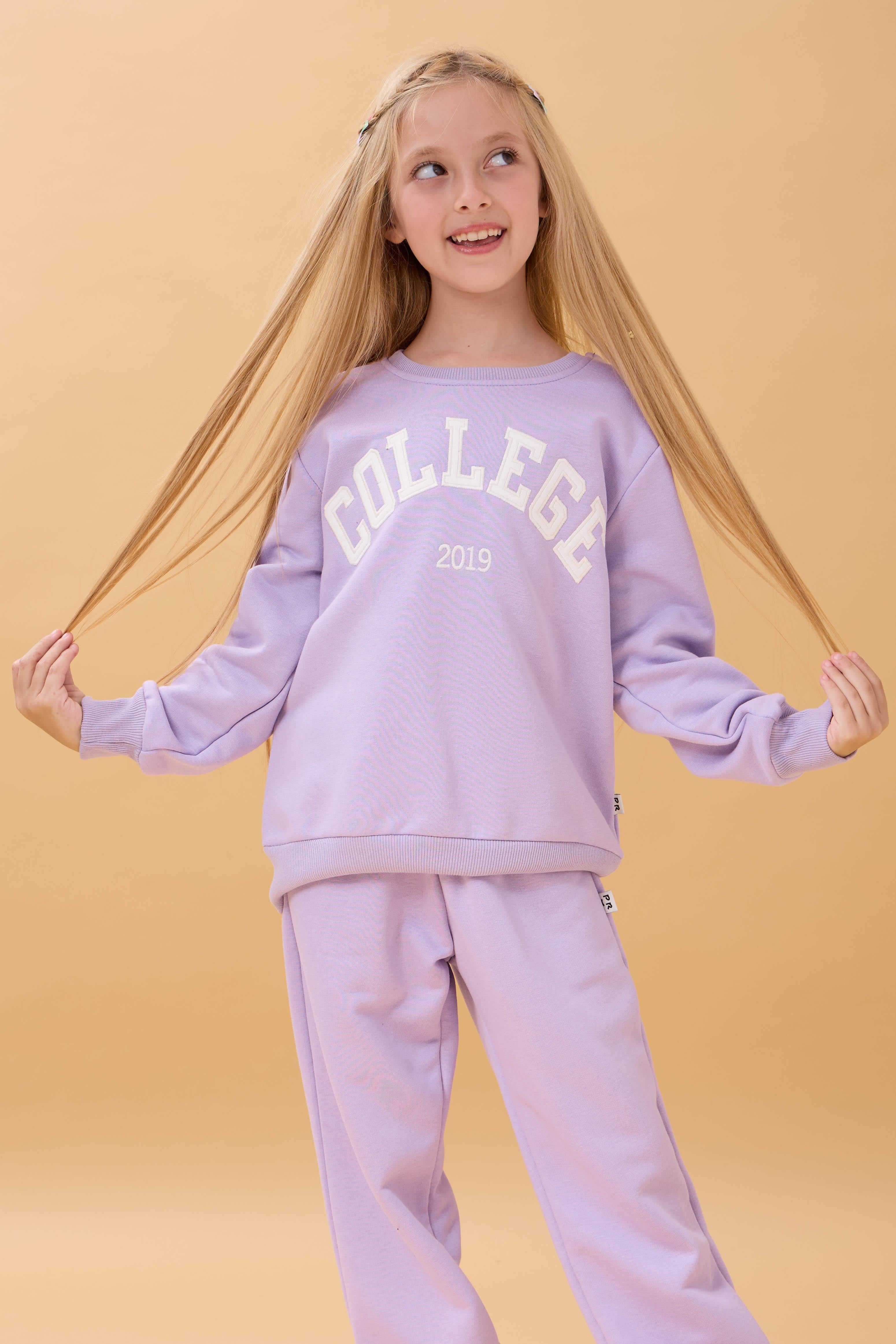 Kız Çocuk Bisiklet Yaka Kabartma Yazı Detaylı 2'li Eşofman Takımı Şardonsuz