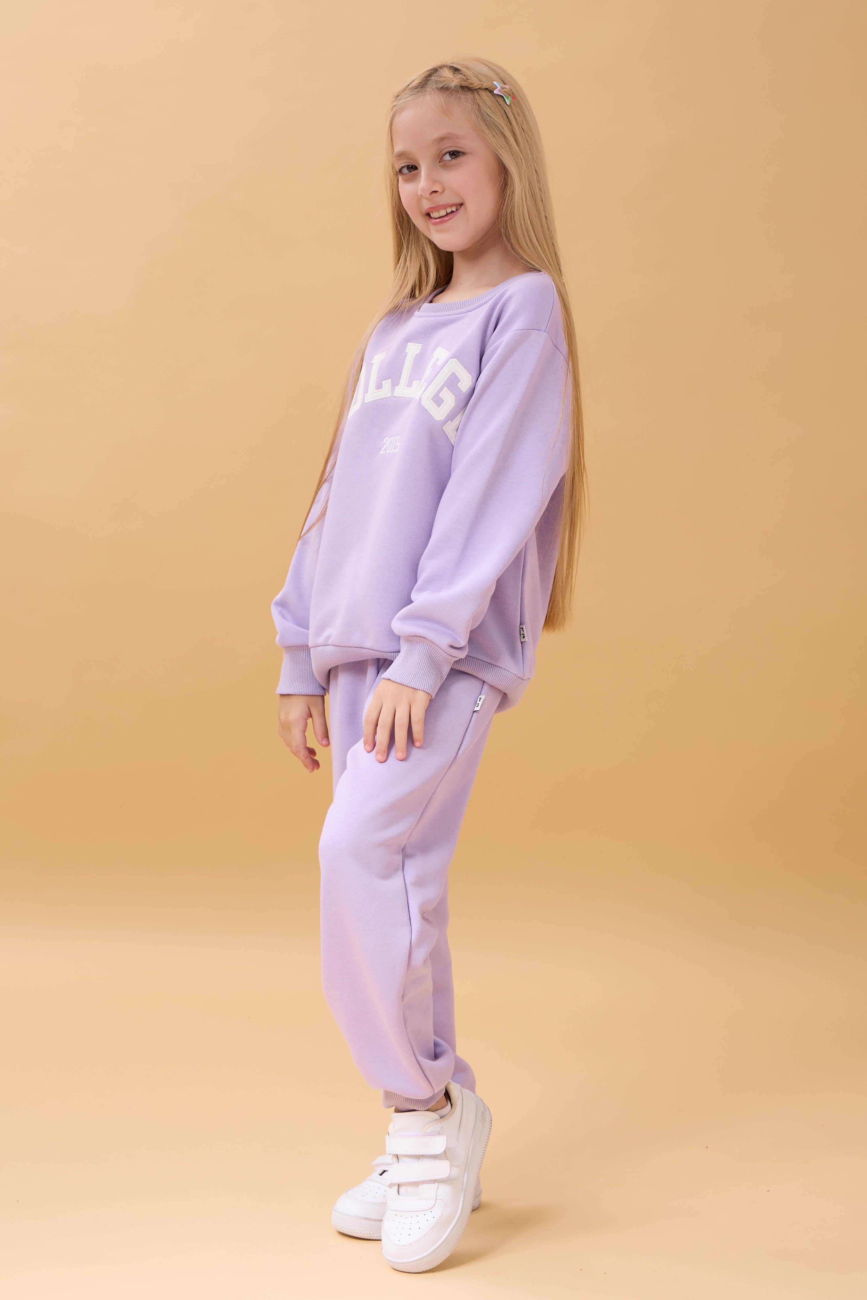 Kız Çocuk Bisiklet Yaka Kabartma Yazı Detaylı 2'li Eşofman Takımı Şardonsuz