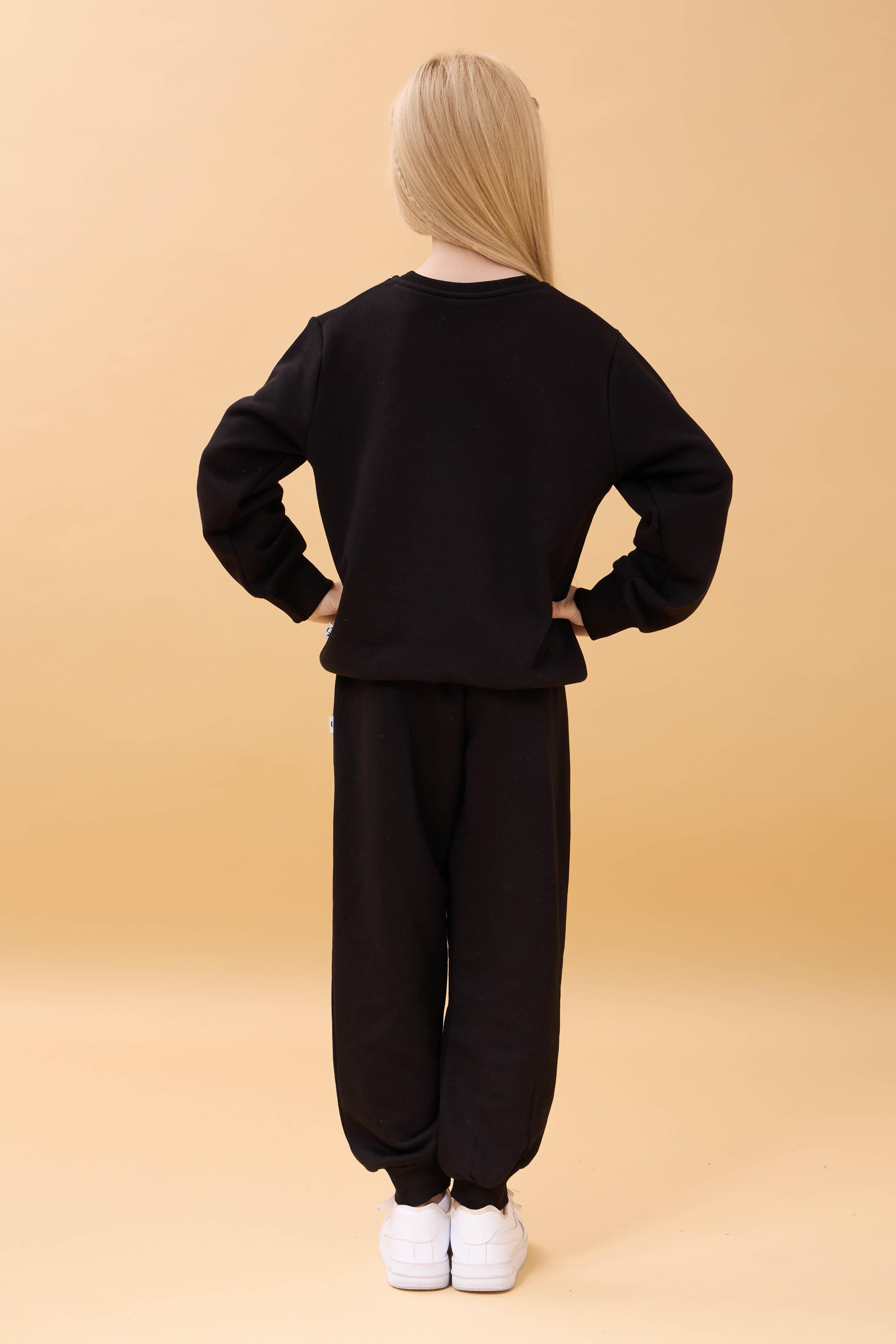 Kız Çocuk Bisiklet Yaka Kabartma Yazı Detaylı 2'li Eşofman Takımı Şardonsuz