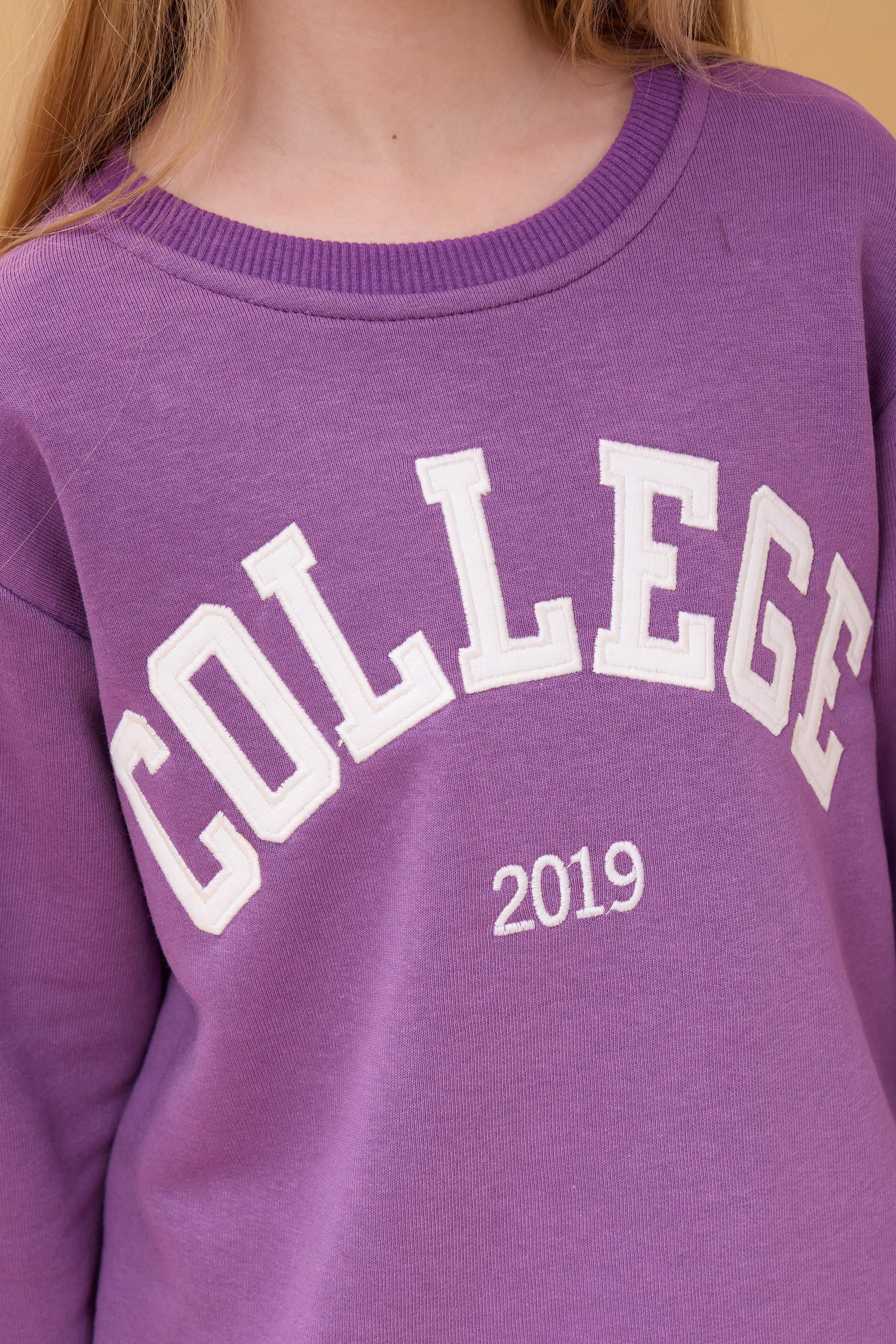 Kız Çocuk Bisiklet Yaka Kabartma Yazı Detaylı 2'li Eşofman Takımı Şardonsuz