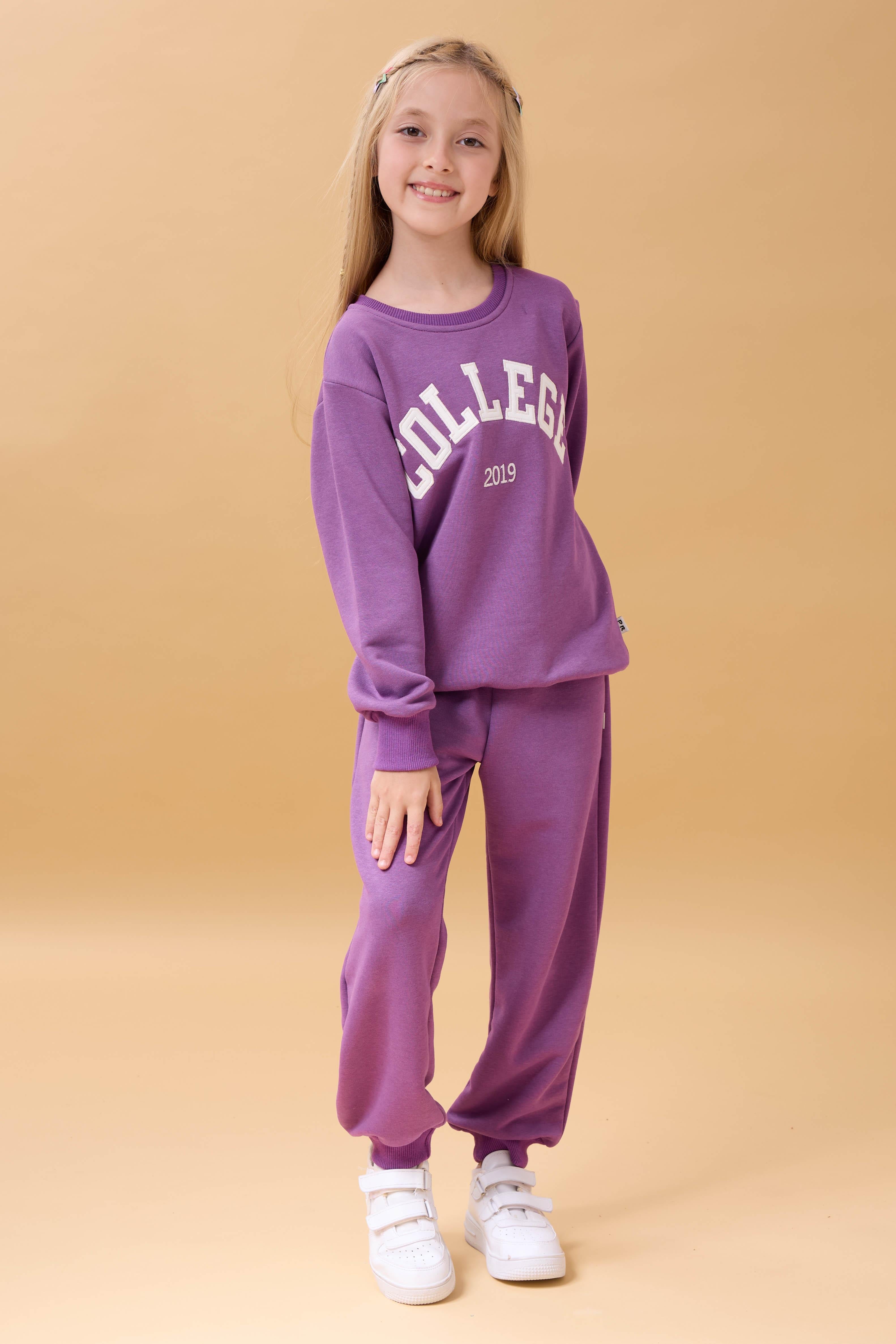 Kız Çocuk Bisiklet Yaka Kabartma Yazı Detaylı 2'li Eşofman Takımı Şardonsuz