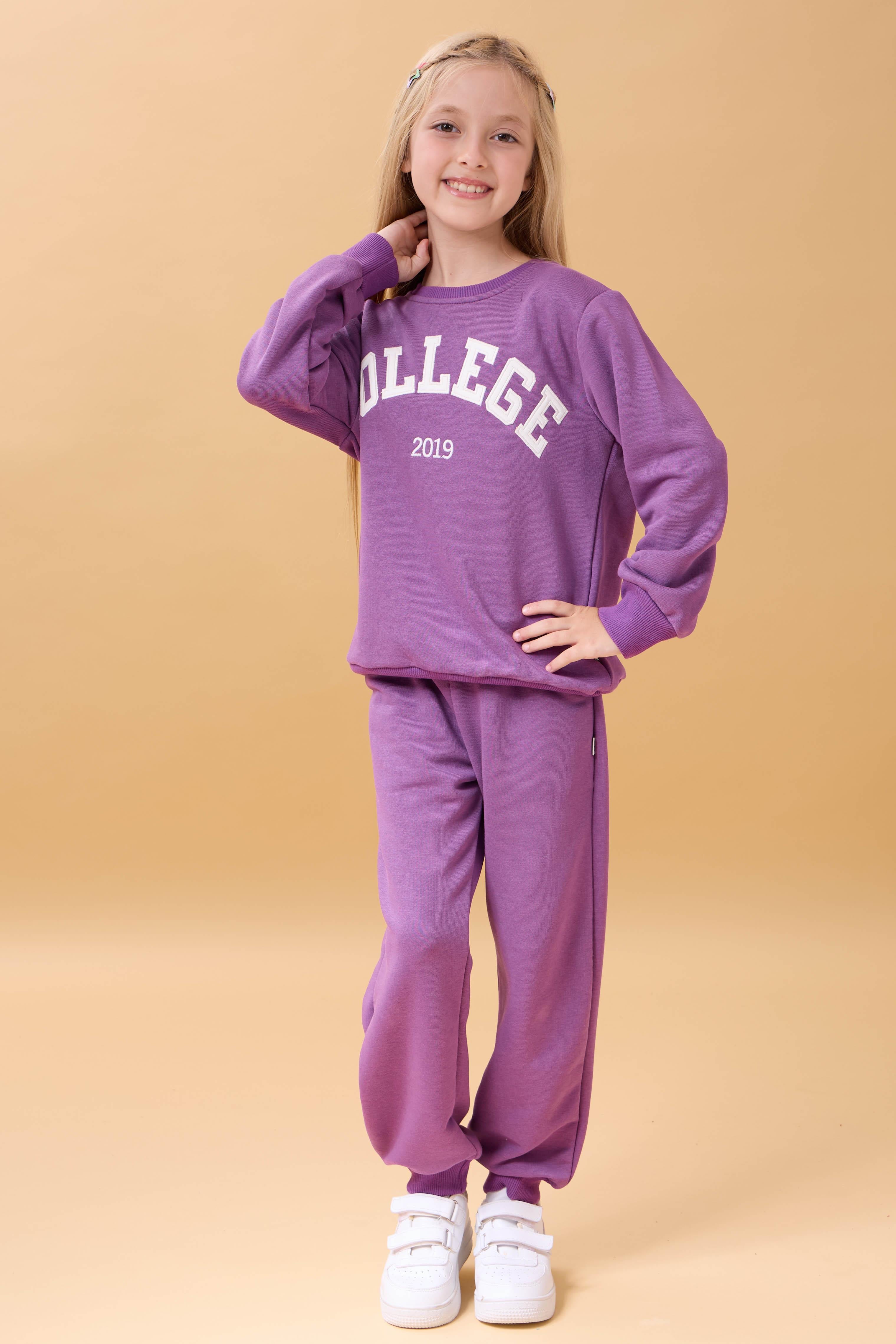 Kız Çocuk Bisiklet Yaka Kabartma Yazı Detaylı 2'li Eşofman Takımı Şardonsuz