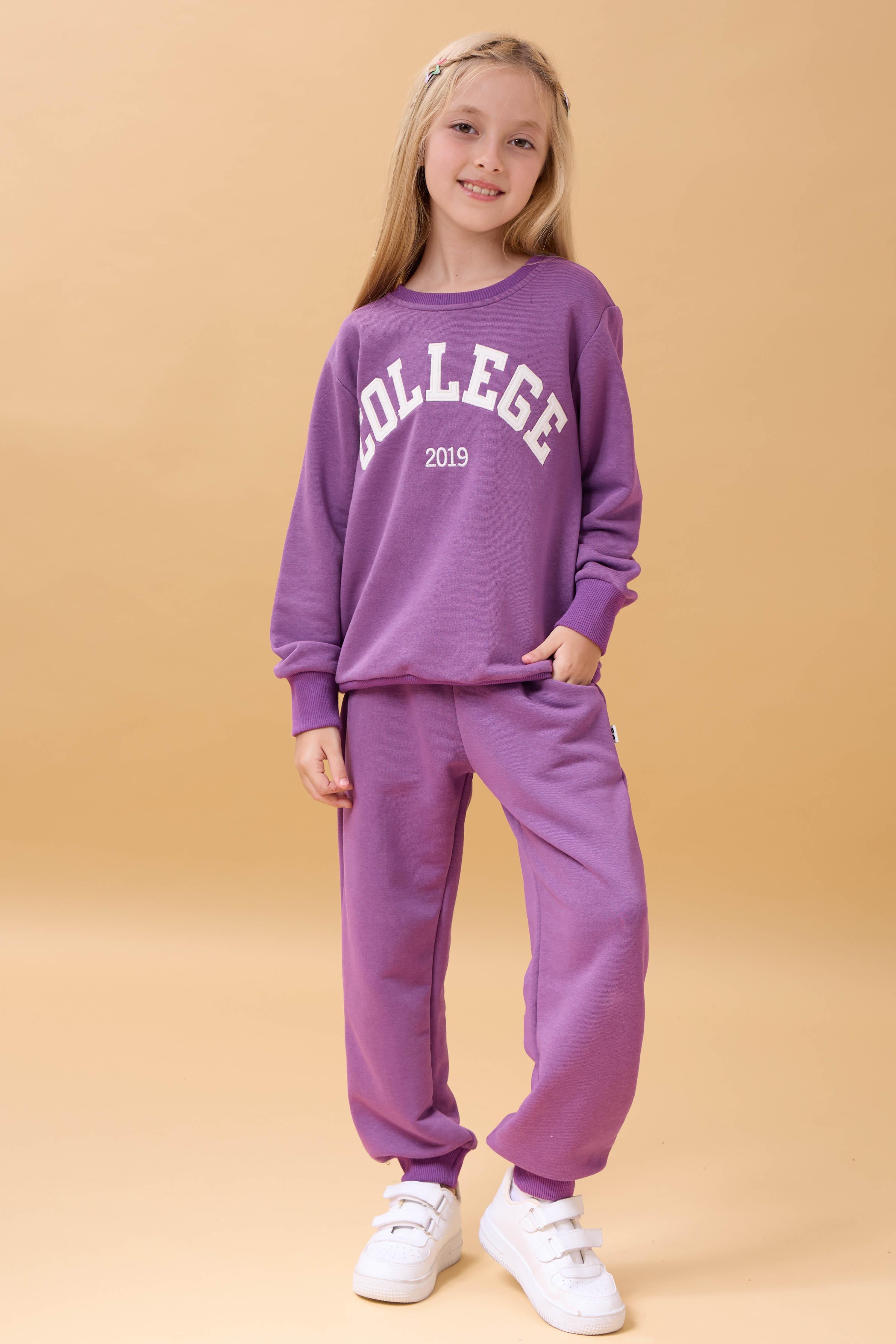 Kız Çocuk Bisiklet Yaka Kabartma Yazı Detaylı 2'li Eşofman Takımı Şardonsuz