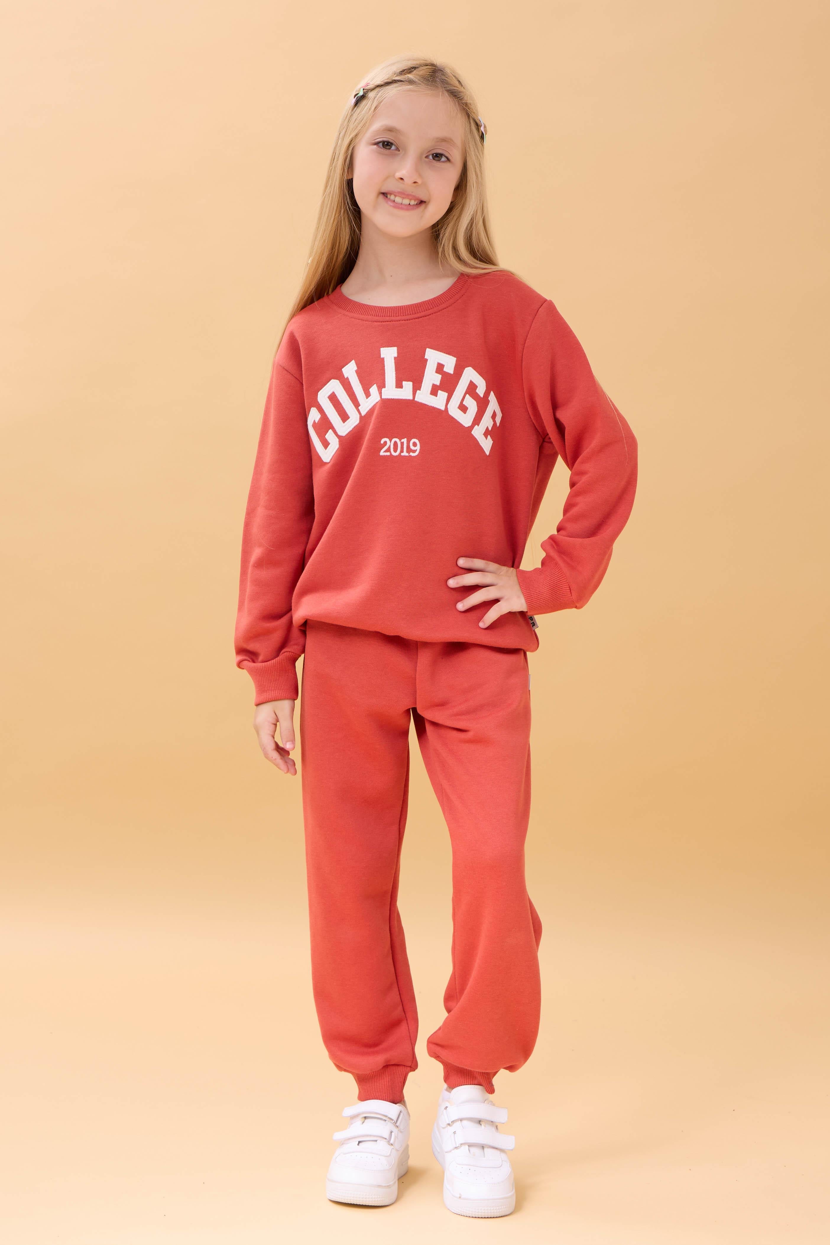 Kız Çocuk Bisiklet Yaka Kabartma Yazı Detaylı 2'li Eşofman Takımı Şardonsuz