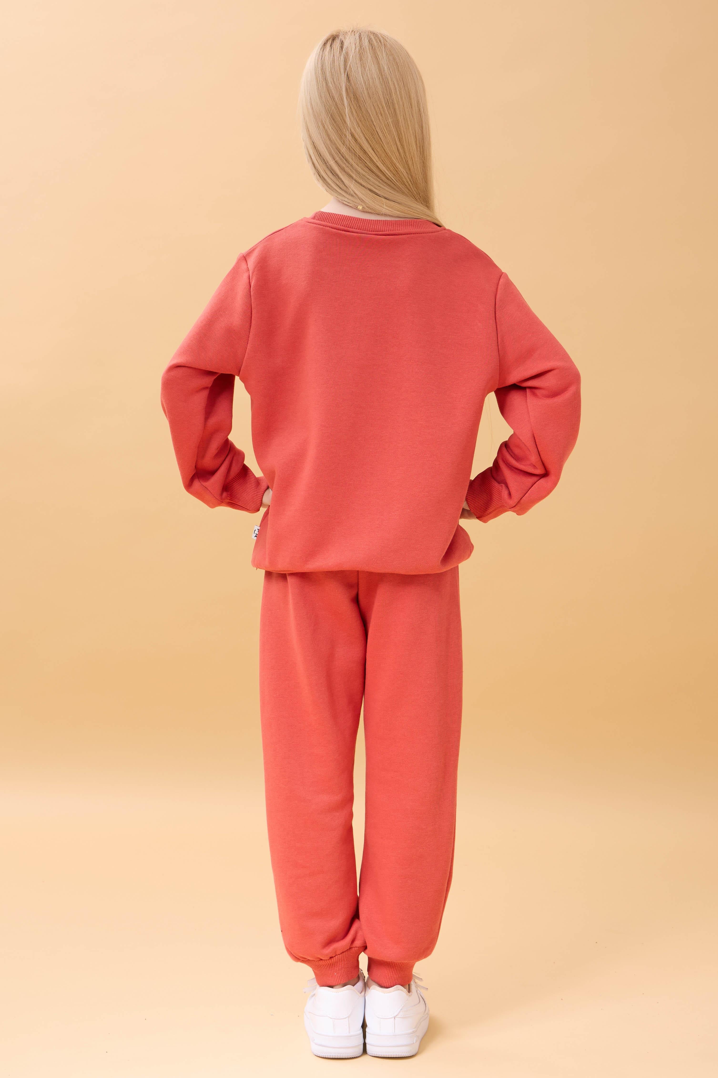 Kız Çocuk Bisiklet Yaka Kabartma Yazı Detaylı 2'li Eşofman Takımı Şardonsuz