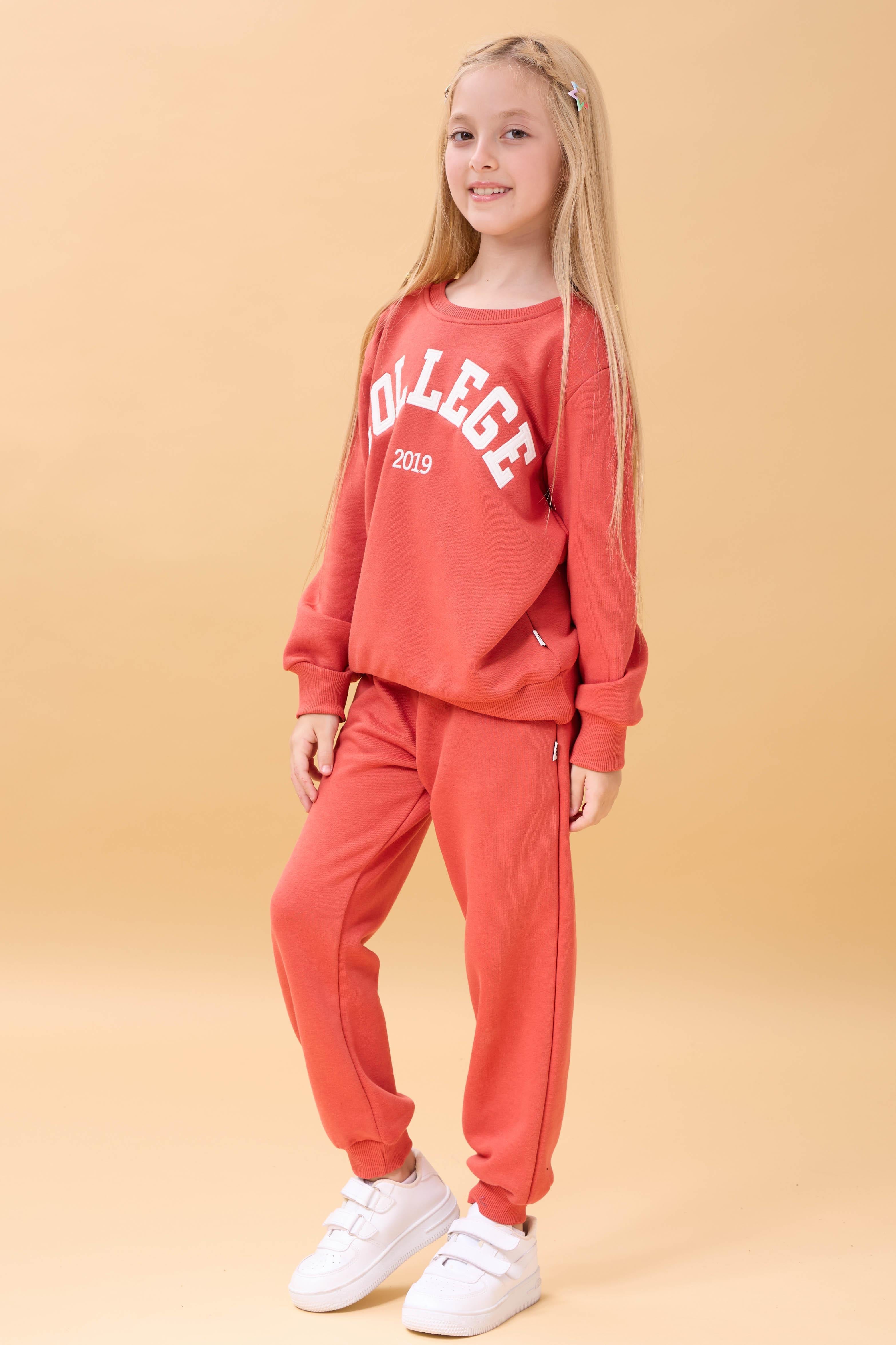 Kız Çocuk Bisiklet Yaka Kabartma Yazı Detaylı 2'li Eşofman Takımı Şardonsuz