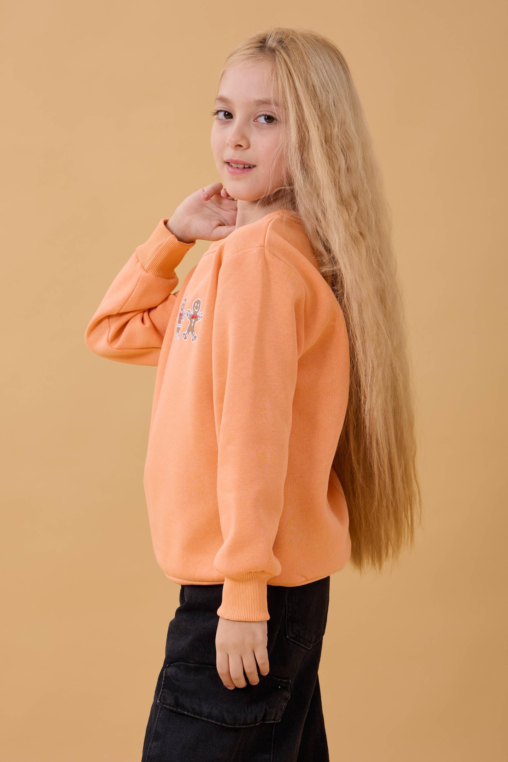 Kız Çocuk Bisiklet Yaka Kurabiye Nakışlı Sweatshirt