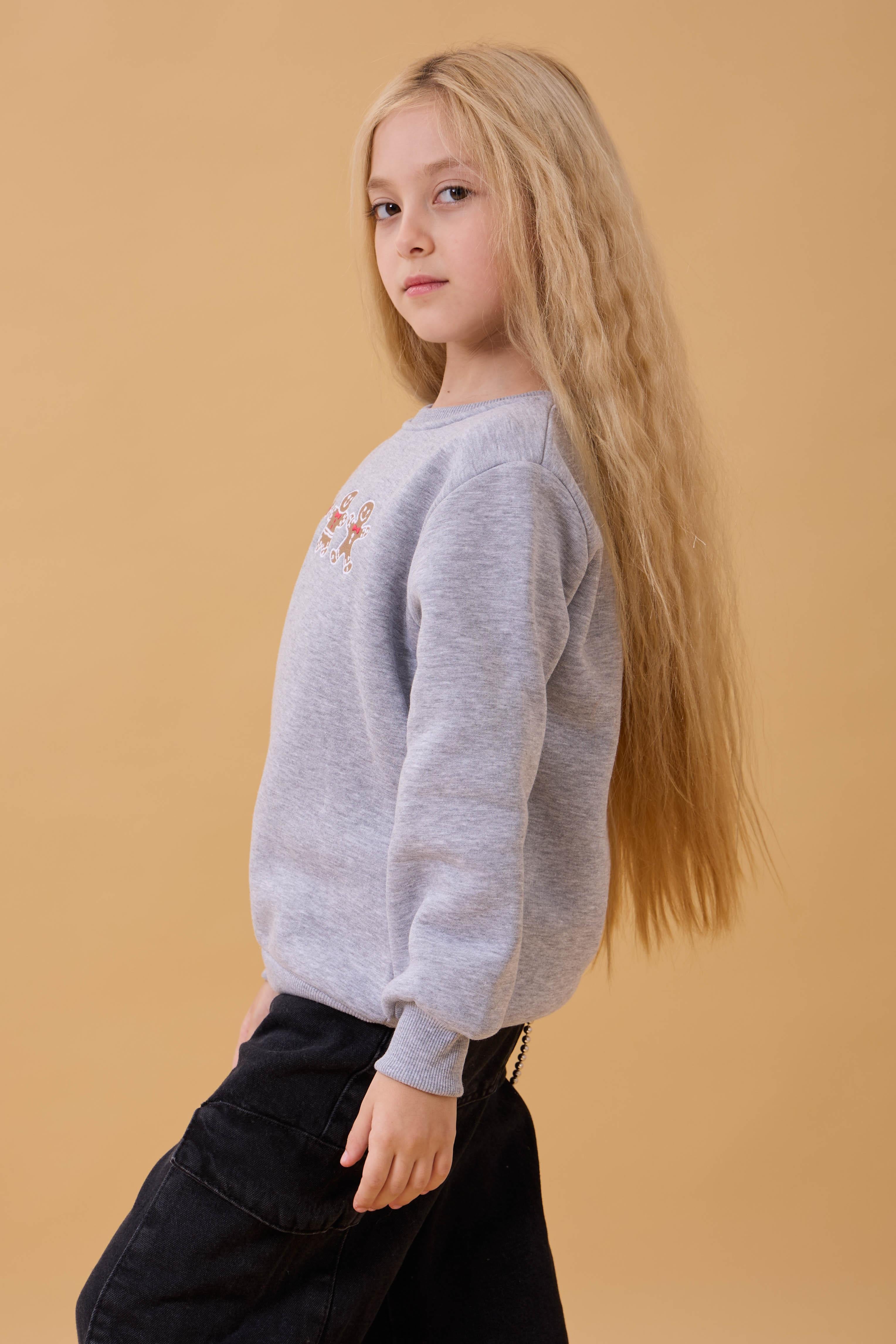 Kız Çocuk Bisiklet Yaka Kurabiye Nakışlı Sweatshirt Gri Melanj